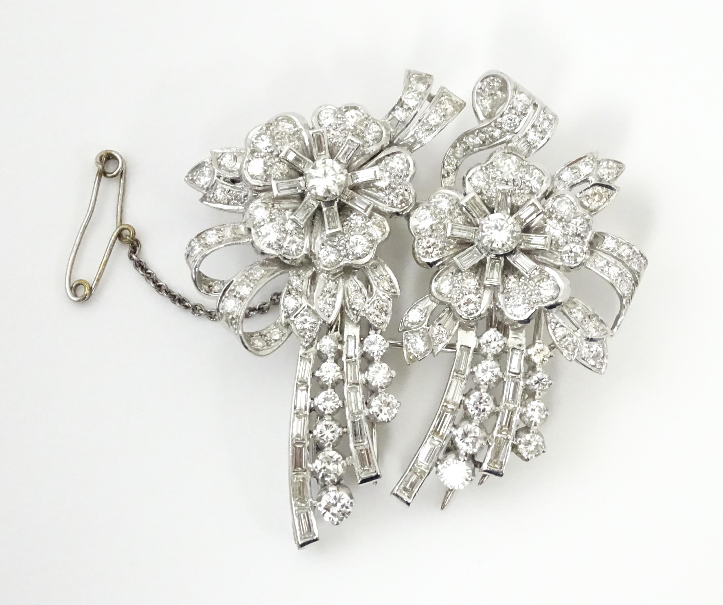 A diamond double clip brooch, the clips with flower and bow detail set with a profusion of - Image 3 of 11