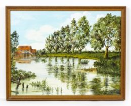 Audrey Foskett, 20th century, Oil on canvas, A river lined by a row of trees with building beyond.