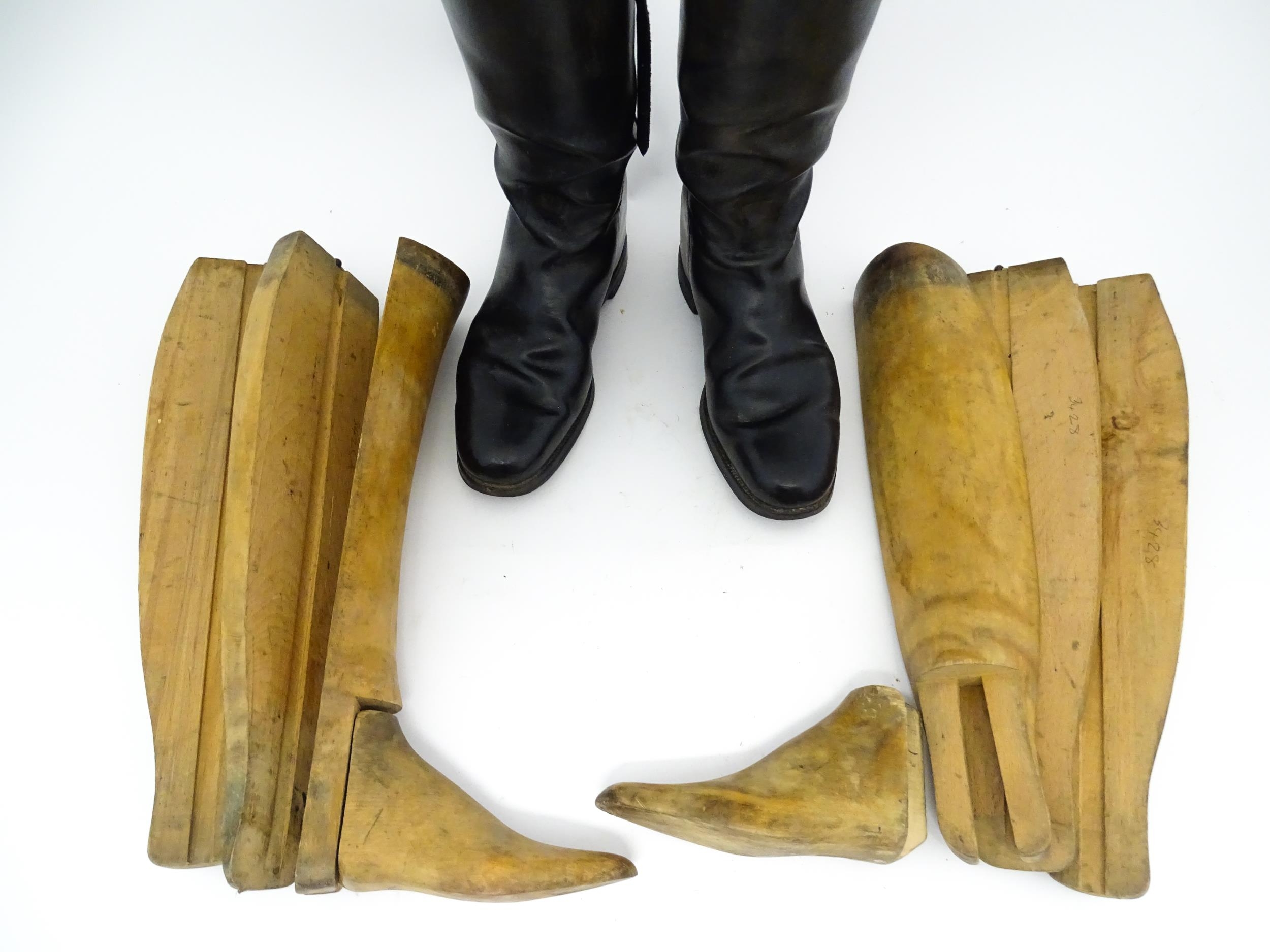 An early 20thC pair of black leather riding boots with trees, approx size 10 (2) Please Note - we do - Image 2 of 10