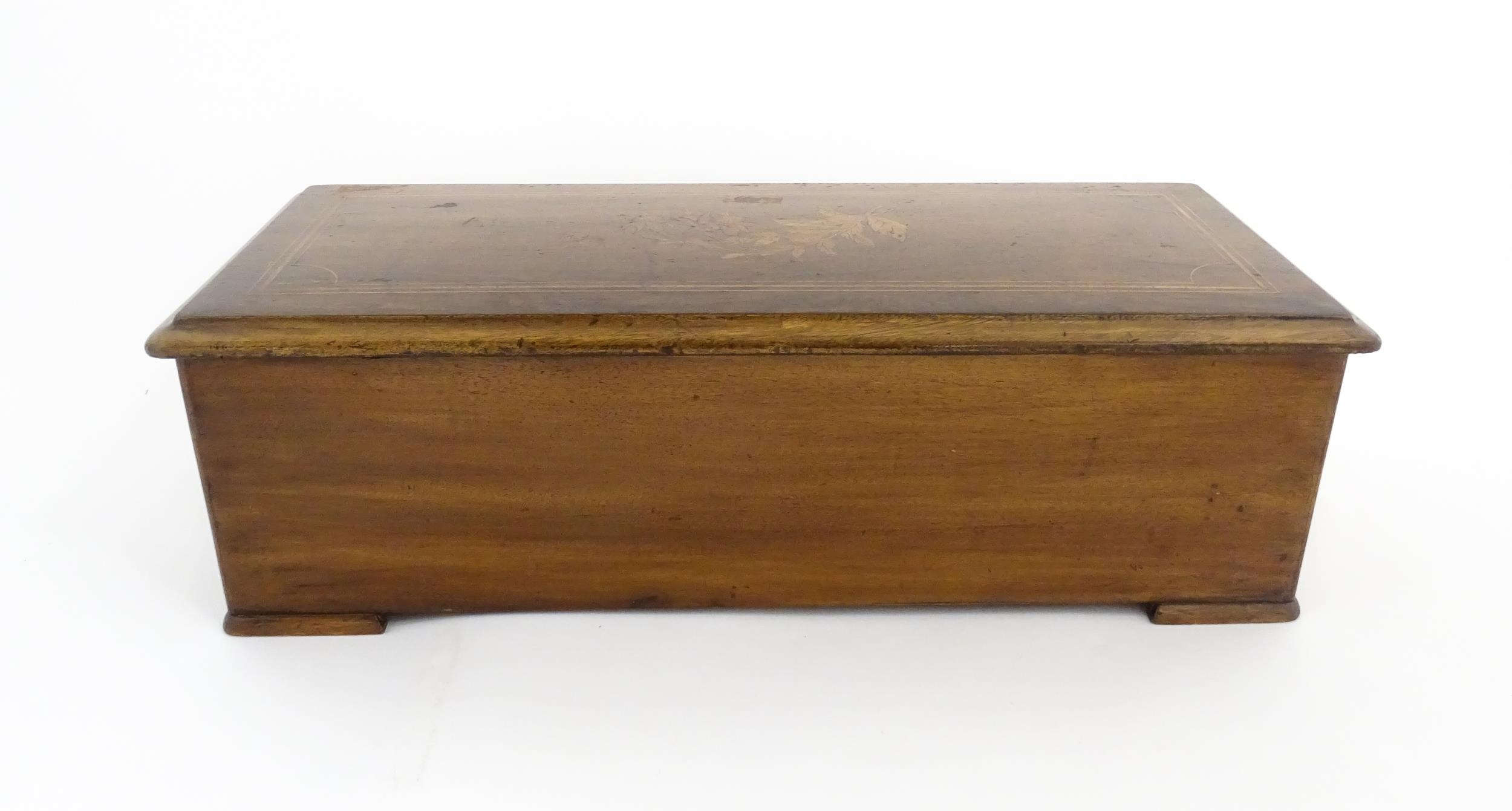 A 19thC Swiss rosewood music box with marquetry inlaid decoration to lid, playing 10 airs, by PVF of - Image 8 of 13
