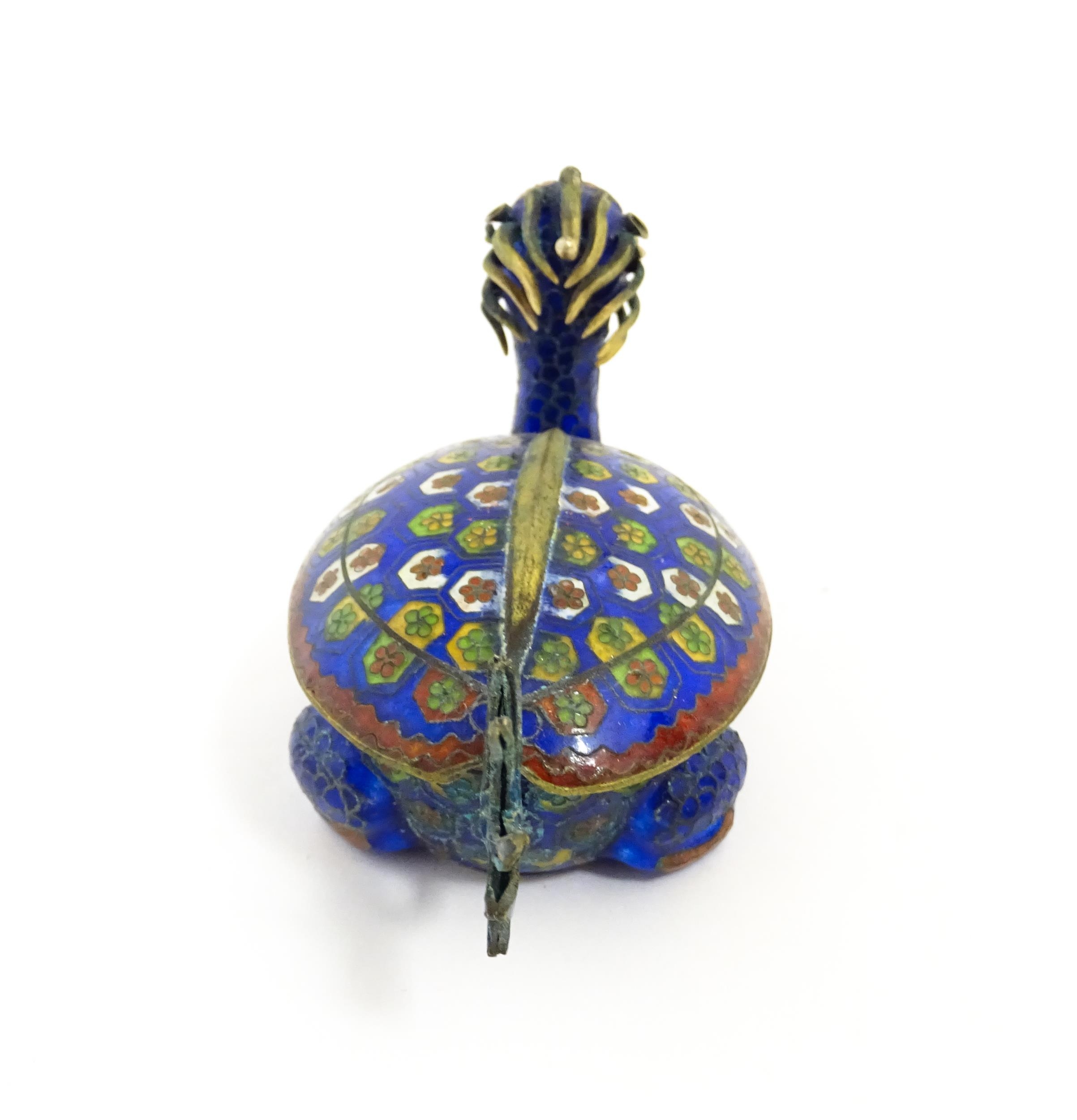 A Chinese cloisonne pot and cover modelled as a Dragon Turtle mythical creature. Approx. 5 1/4" long - Image 6 of 7