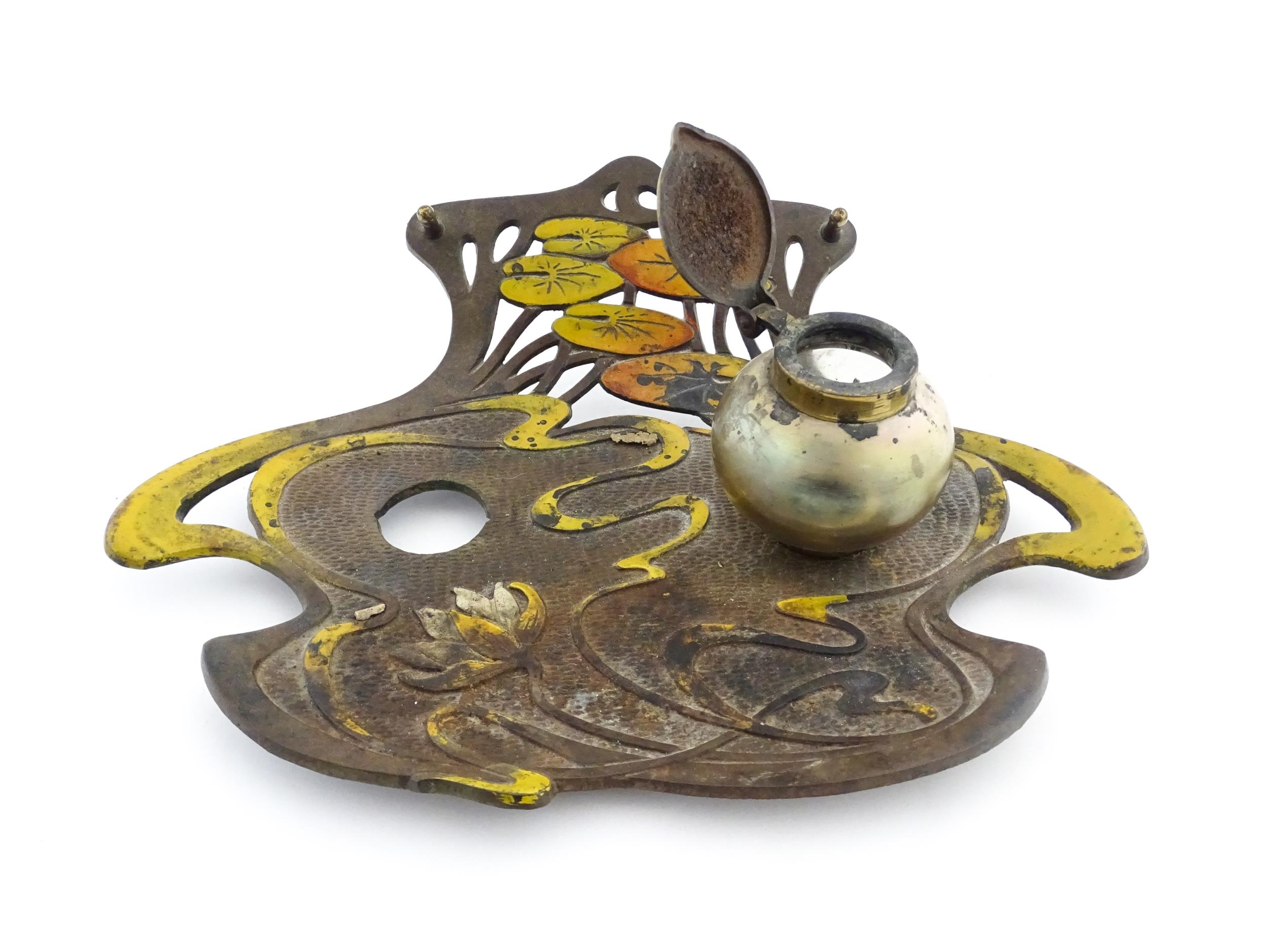 An Art Nouveau / Jugendstil cast standish of shaped form with enamel waterlily and lotus flower - Image 3 of 8