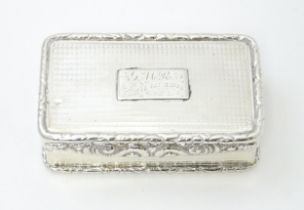 A Geo IV silver snuff box hallmarked Birmingham 1826, maker John Betteridge. Approx. 3" wide