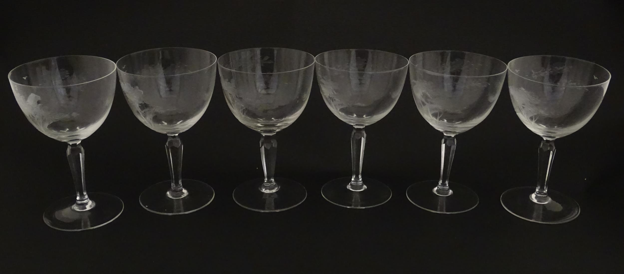 Six Rowland Ward wine glasses with engraved Safari animal detail. Unsigned. Approx. 5 1/2" high ( - Image 7 of 15