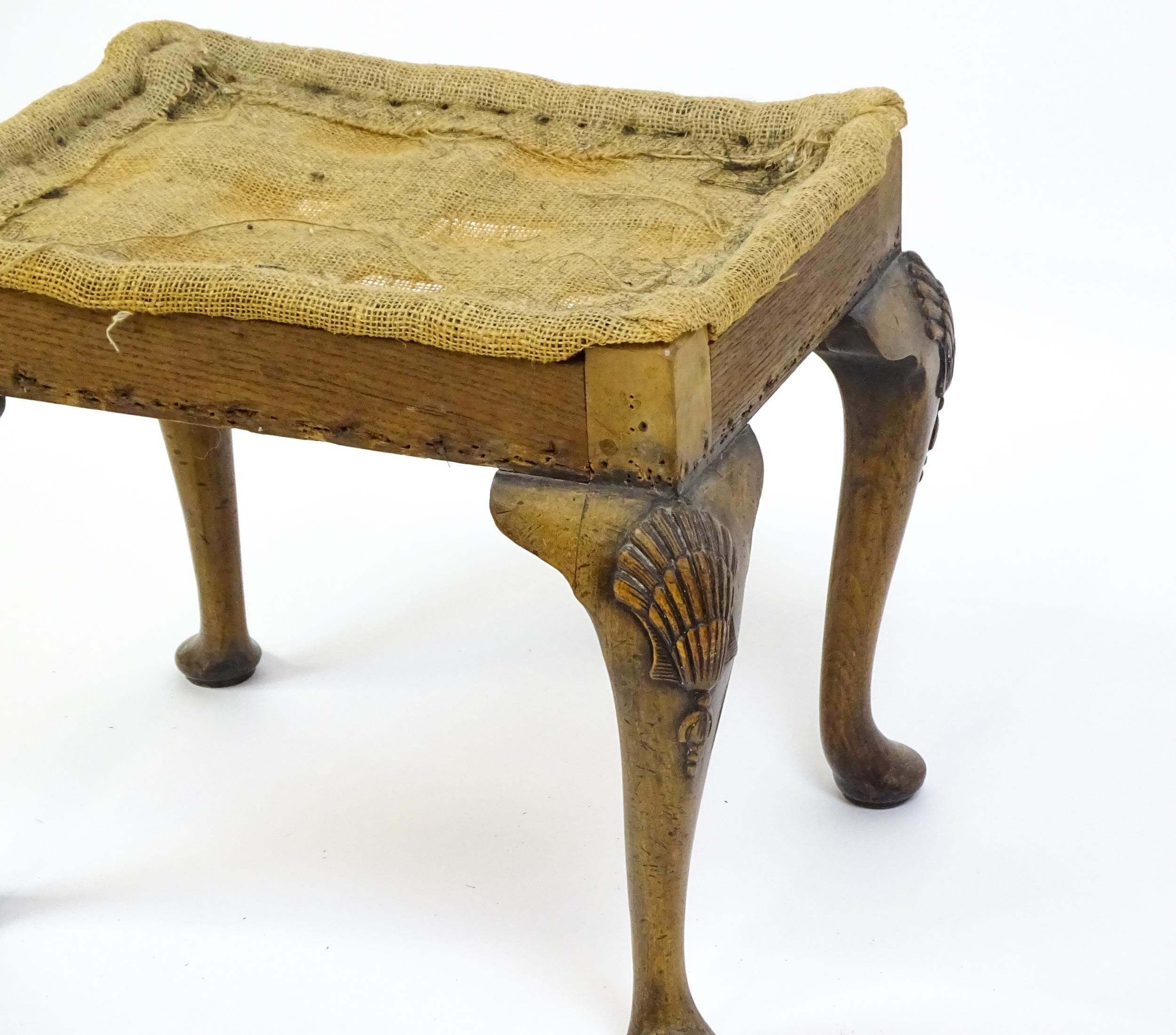 An early 20thC stool raised on four shell carved cabriole legs terminating in pad feet. 20" wide x - Image 4 of 8