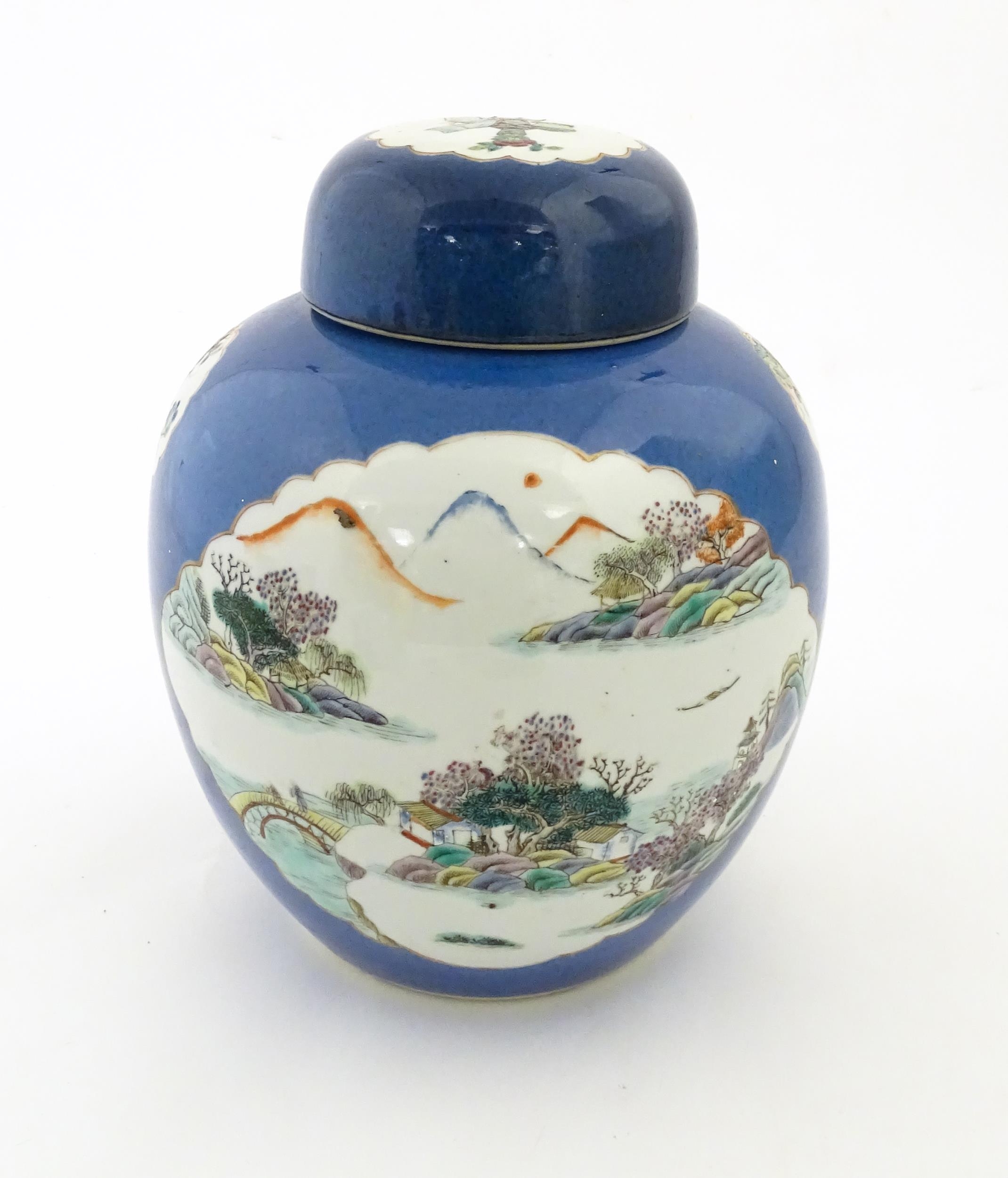 A Chinese famille verte ginger jar with a blue ground decorated with figures weaving at a loom and a - Image 5 of 8