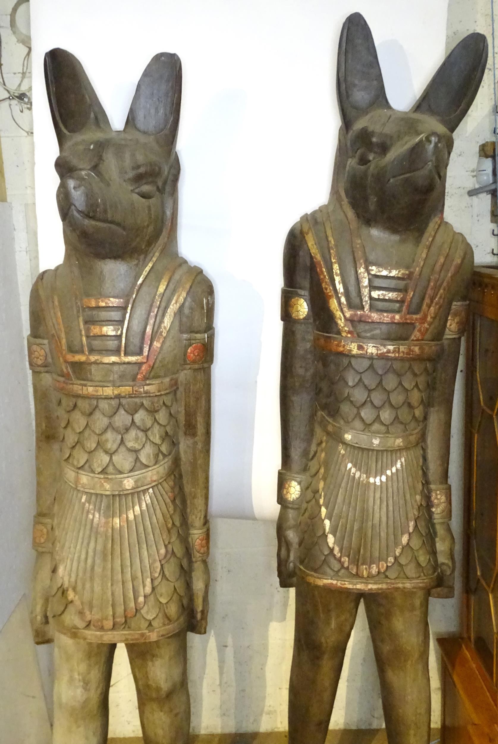 A pair of very large 20thC carved wooden standing Anubis / Ancient Egyptian dog god statues with - Image 48 of 52