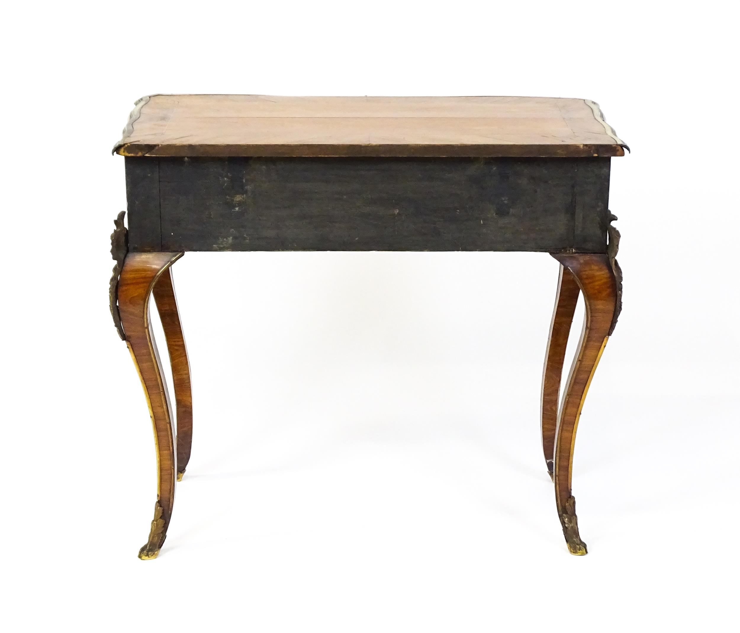 A mid 19thC kingwood side table with a brass moulding to the top edge and three Sevres style plaques - Image 2 of 14