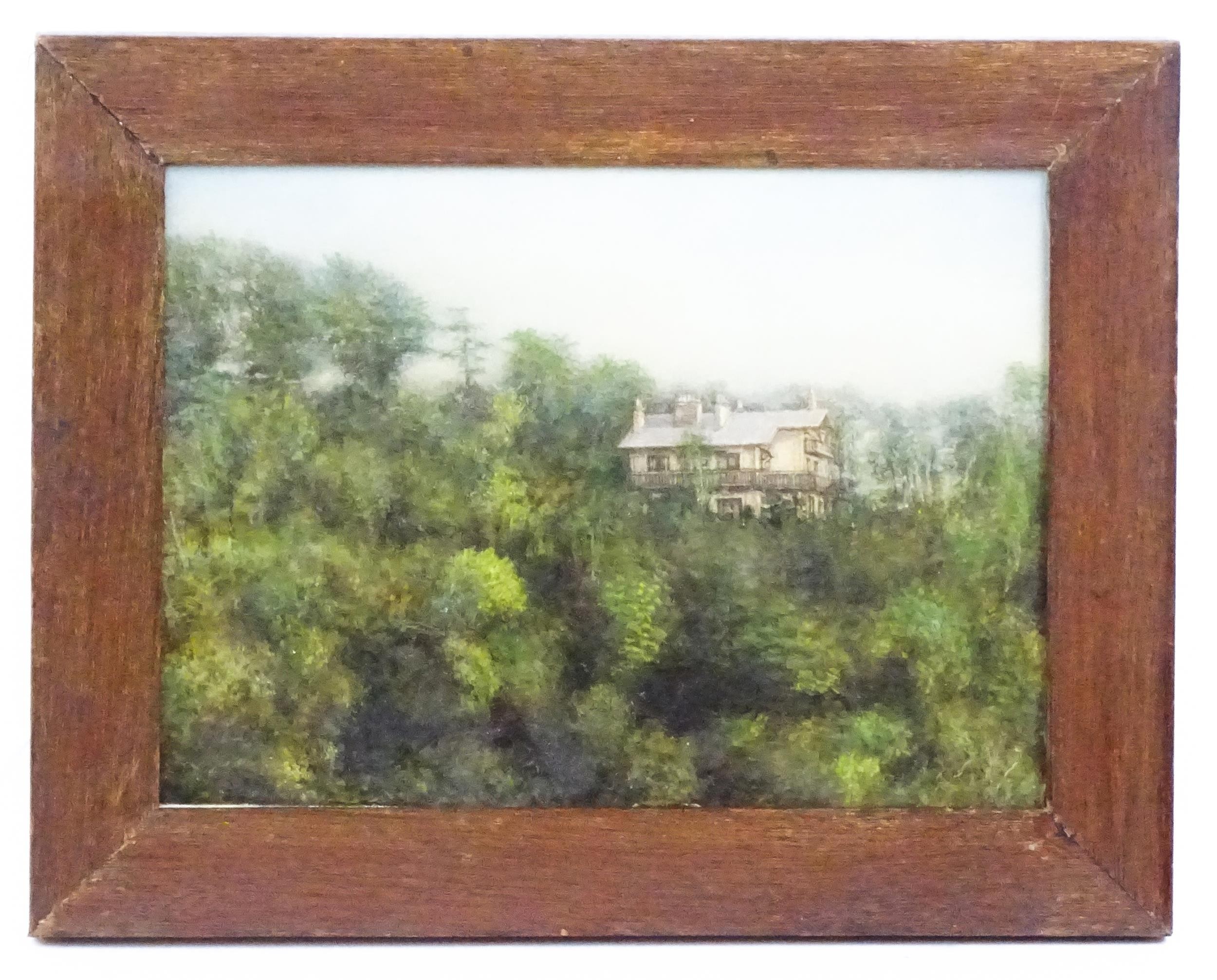 20th century, Continental School, Oil on board, A wooded landscape with a large house amongst the