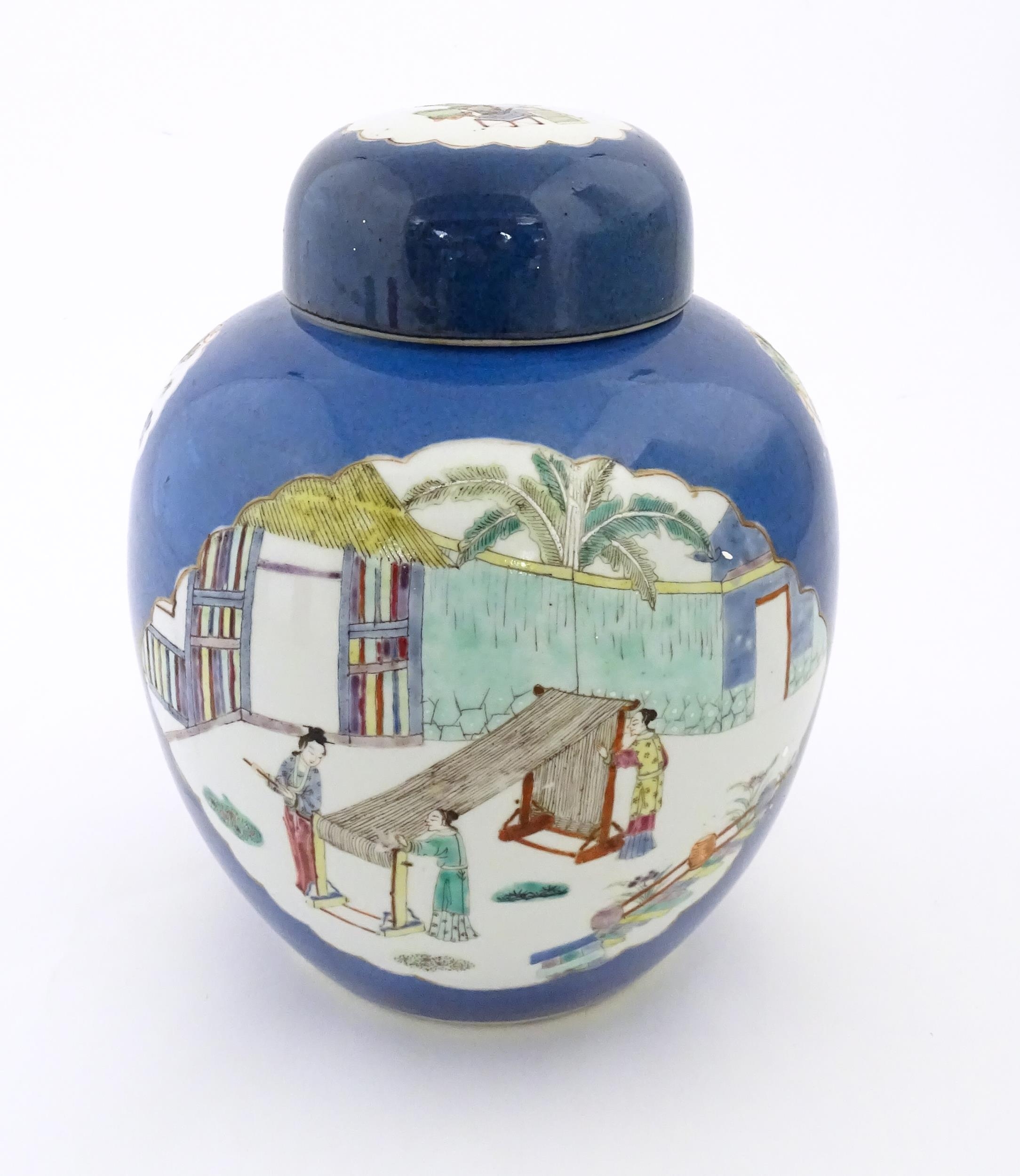 A Chinese famille verte ginger jar with a blue ground decorated with figures weaving at a loom and a