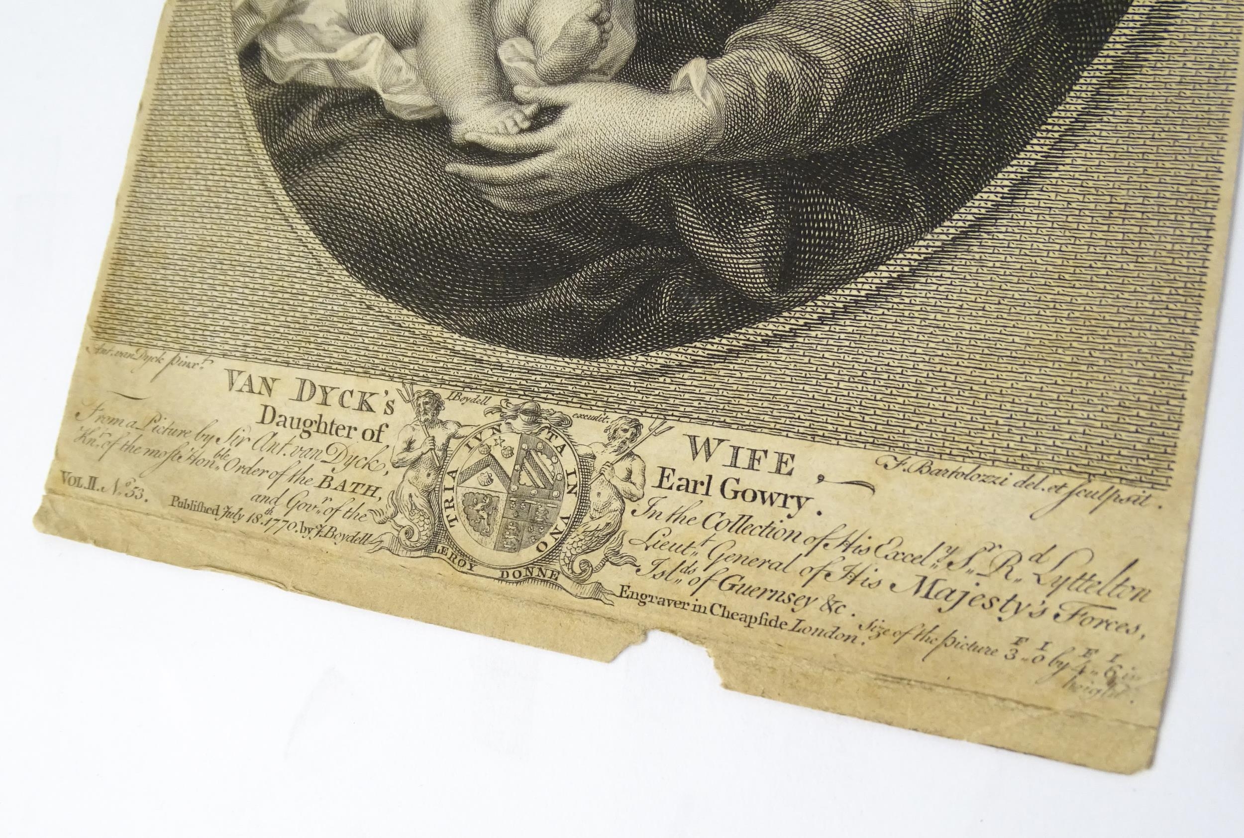 Three 18thC Bartolozzi engravings to include Van Dyke's Wife Daughter of Earl Gowry; the - Image 8 of 8