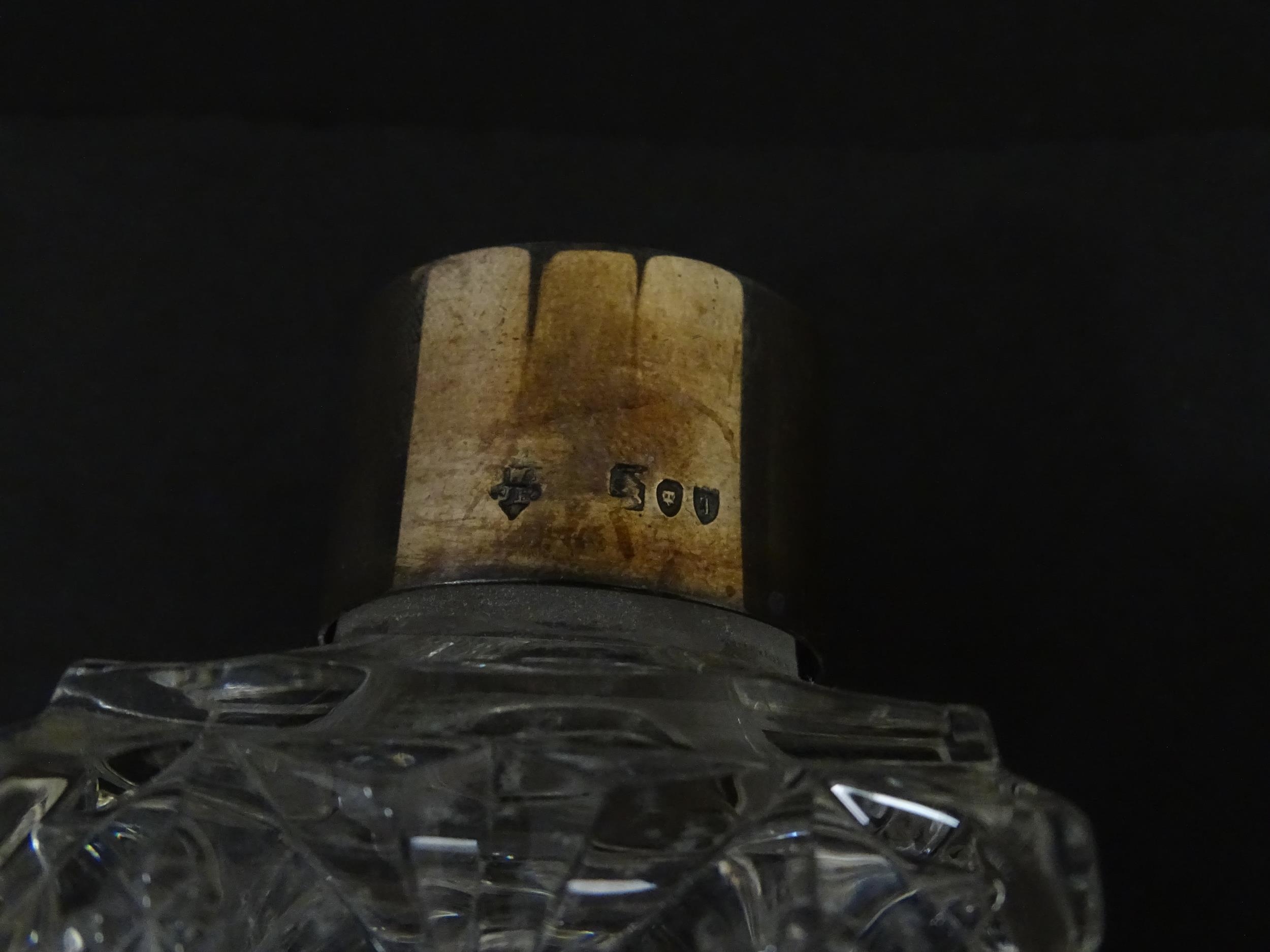Three assorted cut glass scent / perfume bottles with silver mounts, to include one hallmarked - Image 8 of 10