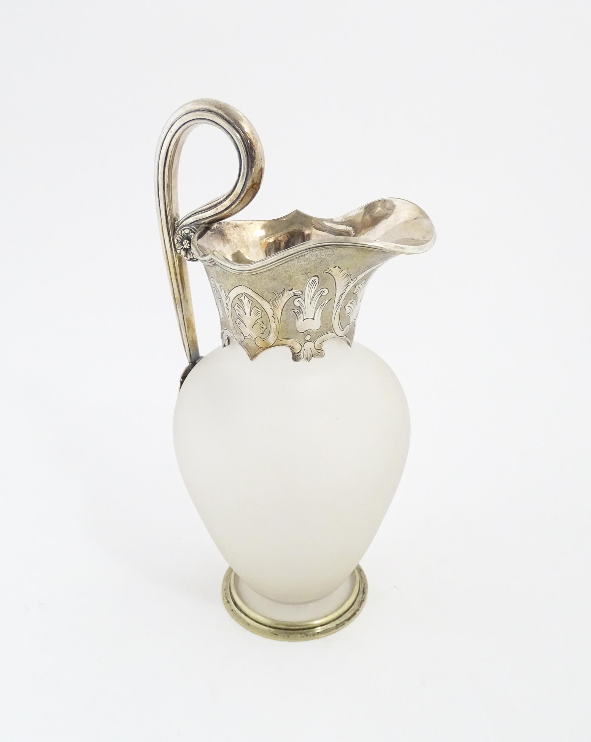 A Victorian frosted glass jug of ewer form with silver plate handle and mounts. Approx. 11 1/2" high - Image 4 of 6