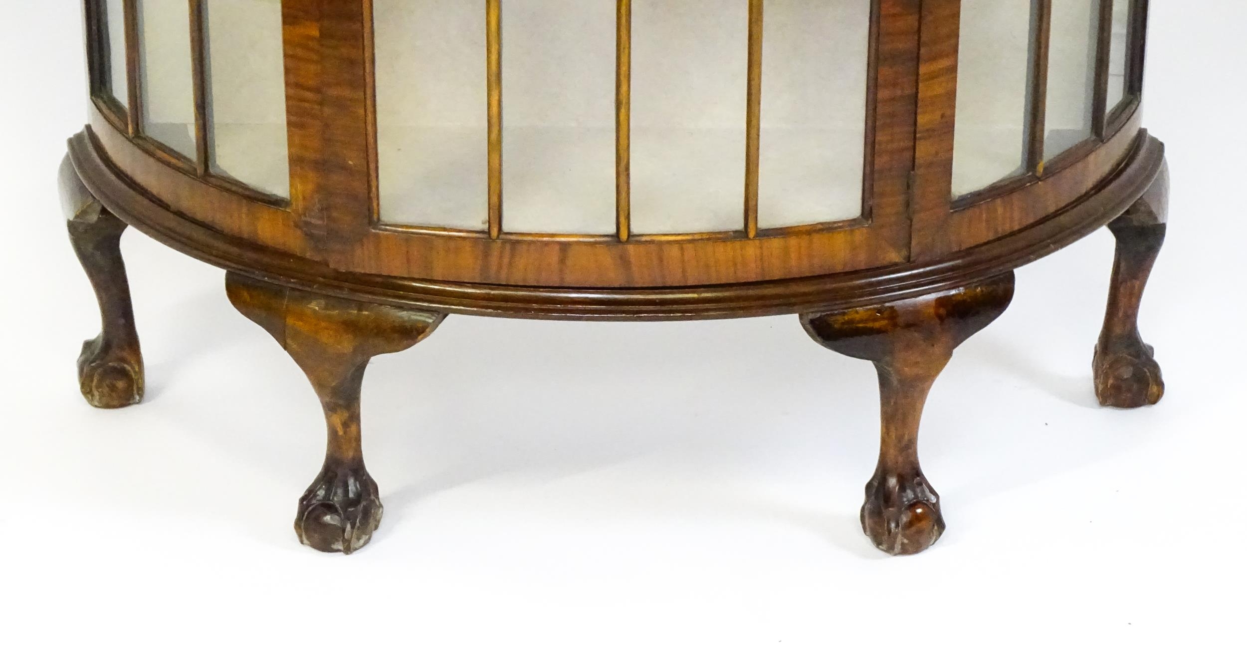 An early / mid 20thC walnut demi lune display cabinet with a shaped and carved upstand above a - Image 2 of 8