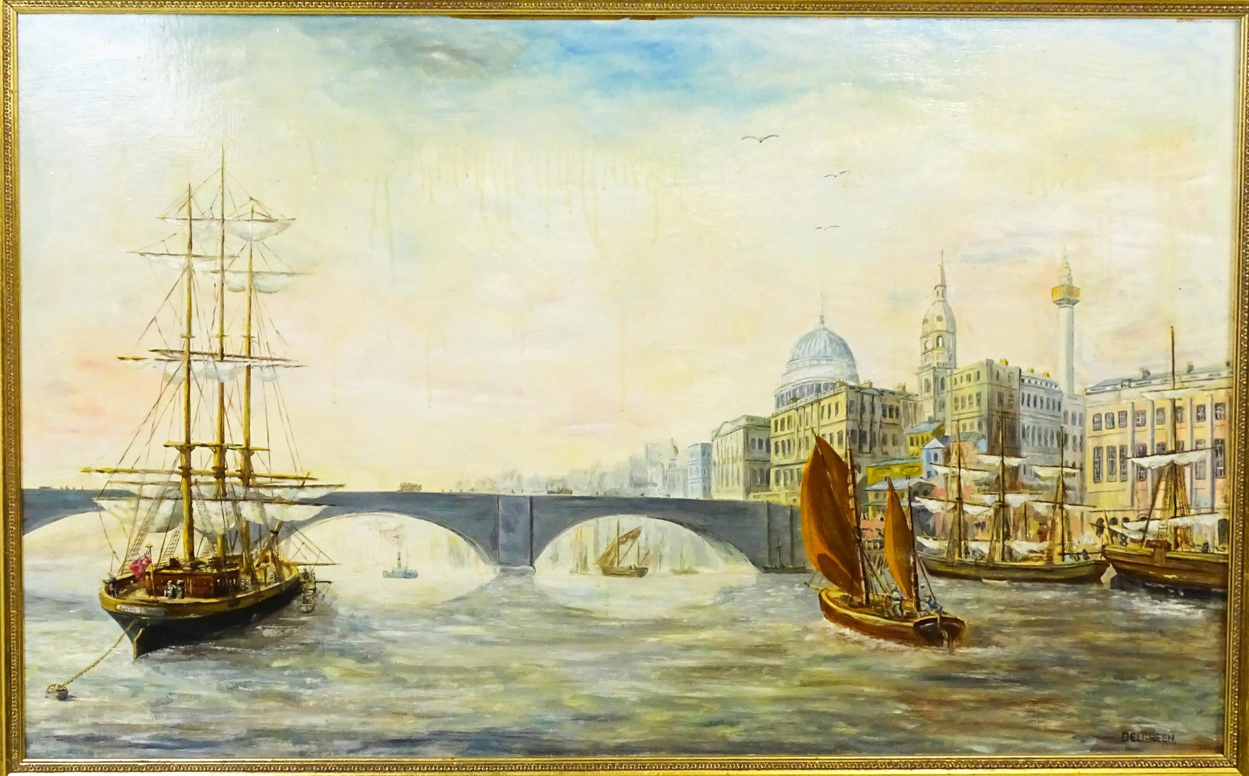 Delgreen, 20th century, Oil on board, Shipping / boats on the River Thames with a view of St Paul' - Image 2 of 4