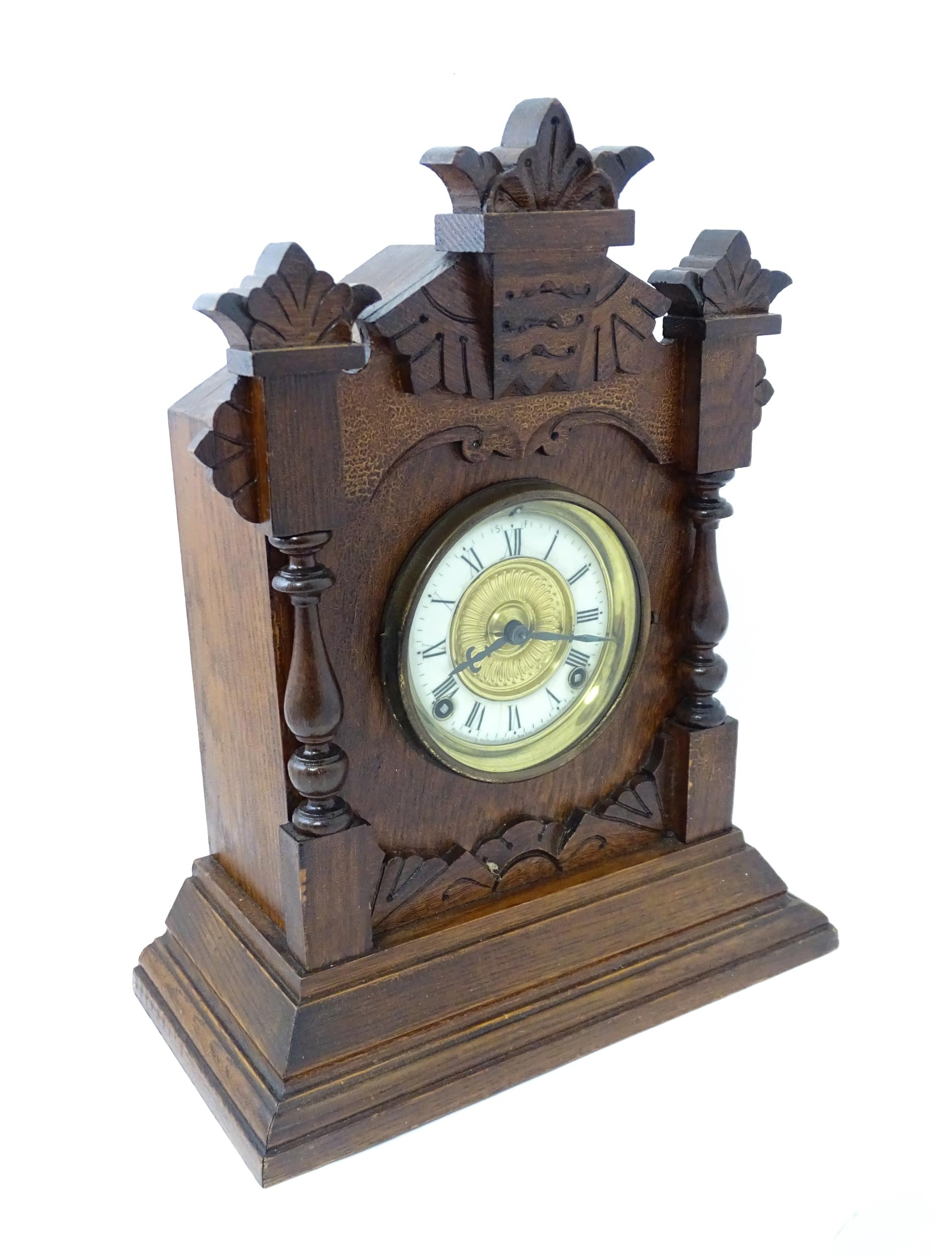 A Late 19thC / Early 20thC American oak cased mantle clock by the Ansonia Clock Company - New - Image 6 of 12