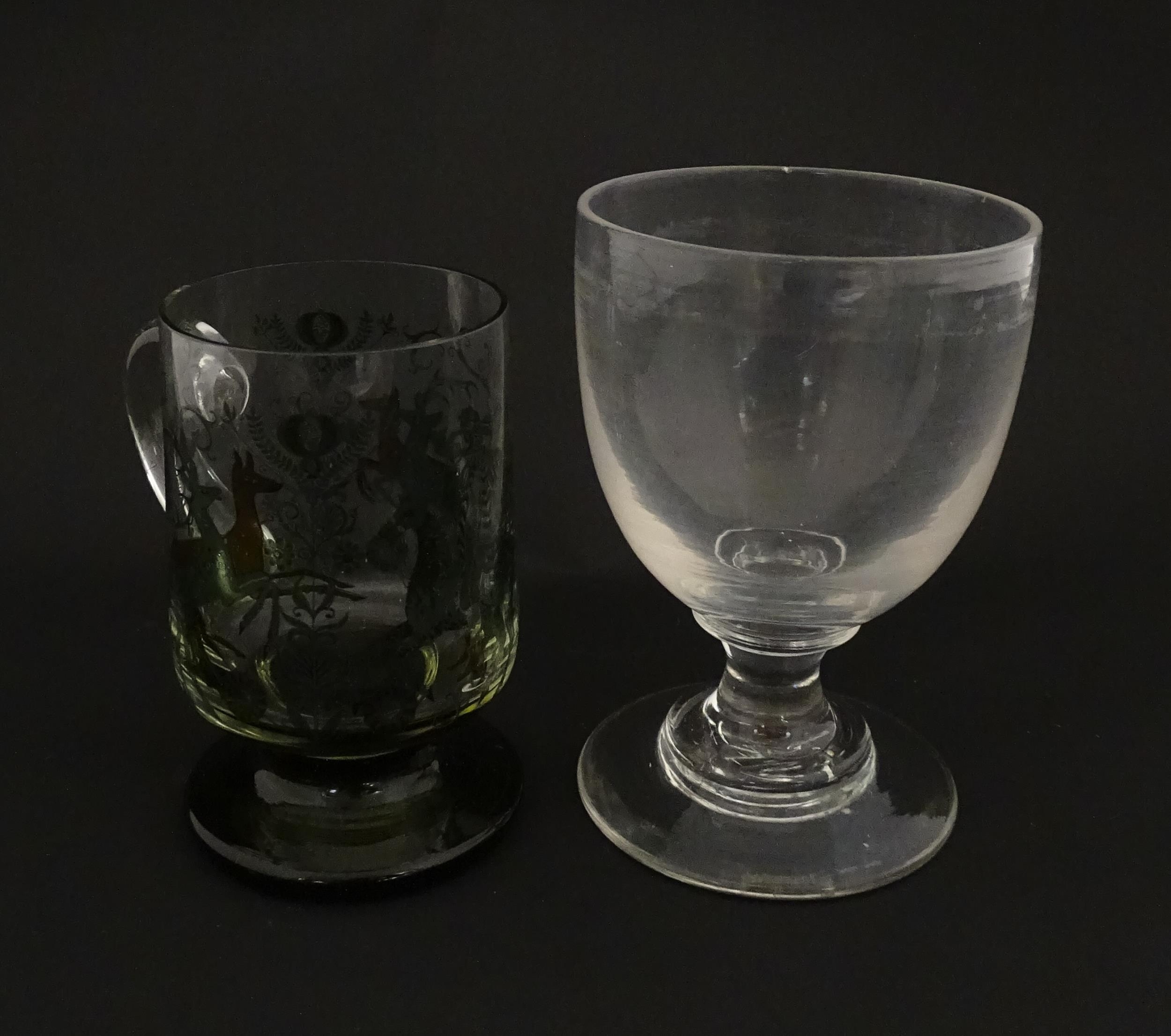 A 19thC glass goblet / rummer. Together with a Continental tankard depicting hunting scene, figure - Image 11 of 13
