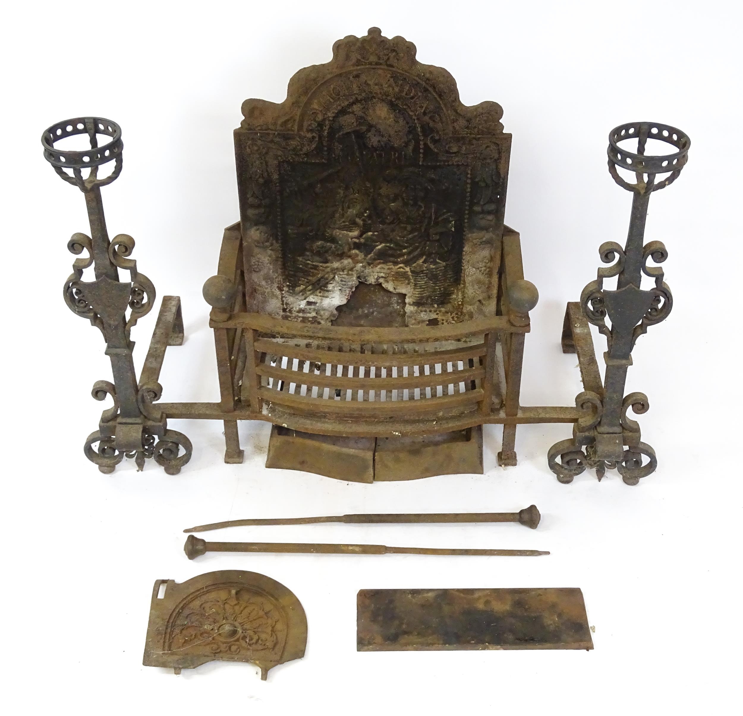 A large cast iron fire basket, the back decorated with figure and lion, marked 'Hollandia Pro - Image 3 of 18