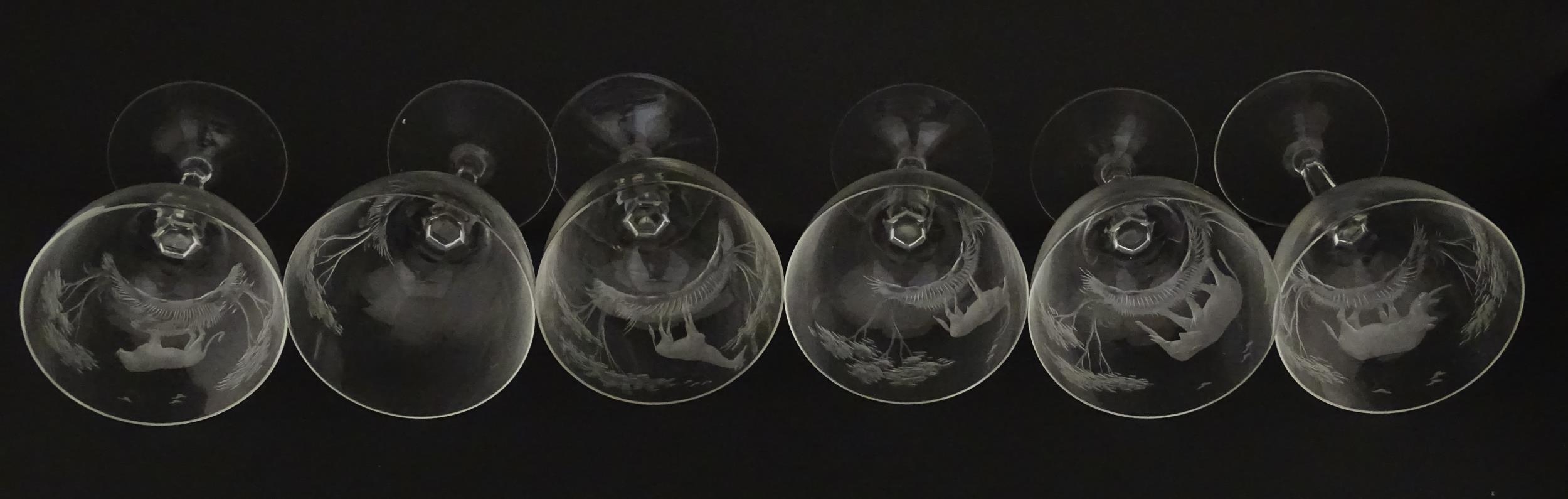 Six Rowland Ward wine glasses with engraved Safari animal detail. Unsigned. Approx. 5 1/2" high ( - Image 15 of 15