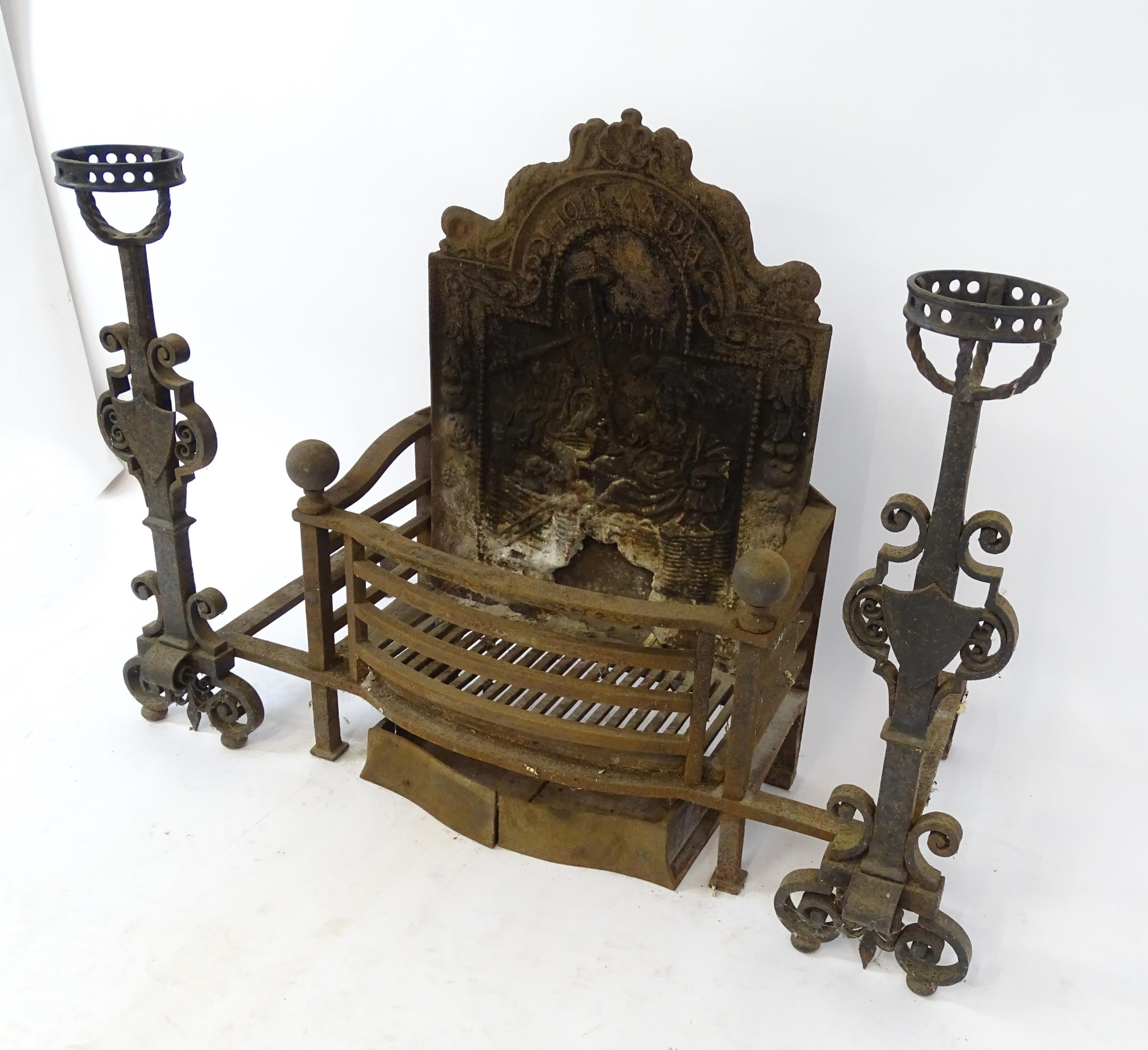 A large cast iron fire basket, the back decorated with figure and lion, marked 'Hollandia Pro - Image 7 of 18