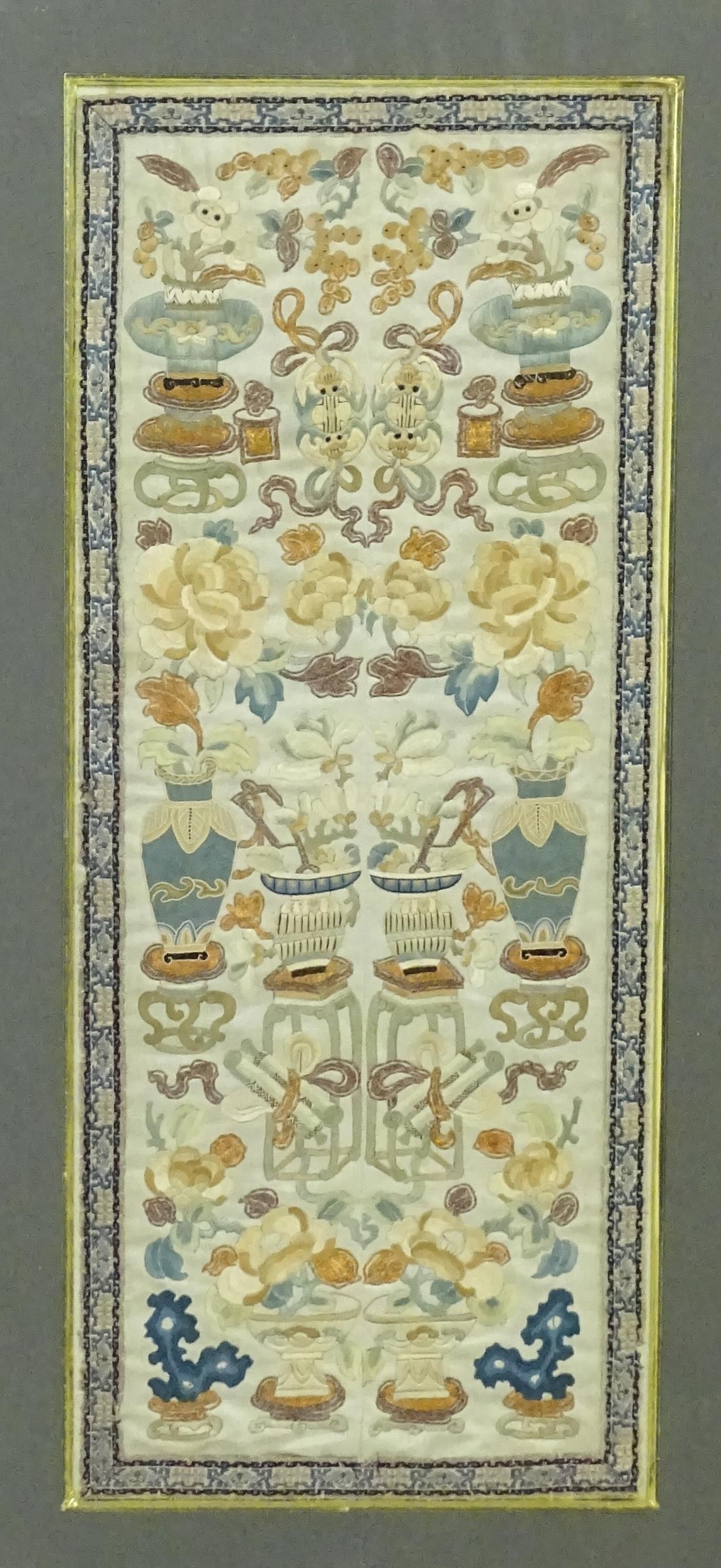 A Chinese needlework embroidery depicting auspicious symbols to include scrolls, bats, taihu - Image 3 of 3