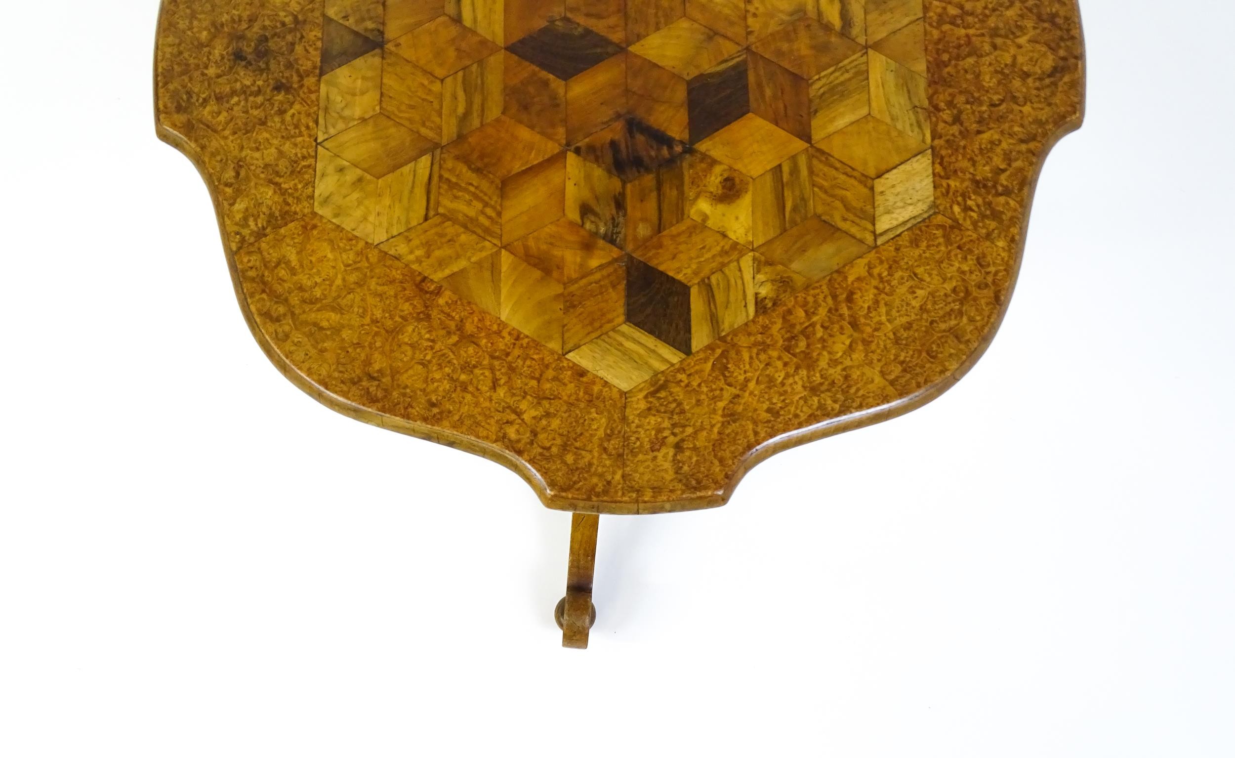 A 19thC tripod table with a burr amboyna veneered top surrounding a central parquetry style sample - Image 5 of 10