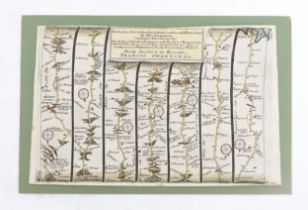 Map: An 18thC engraved strip map with hand colouring titled The Road from Oxford to Salisbury by