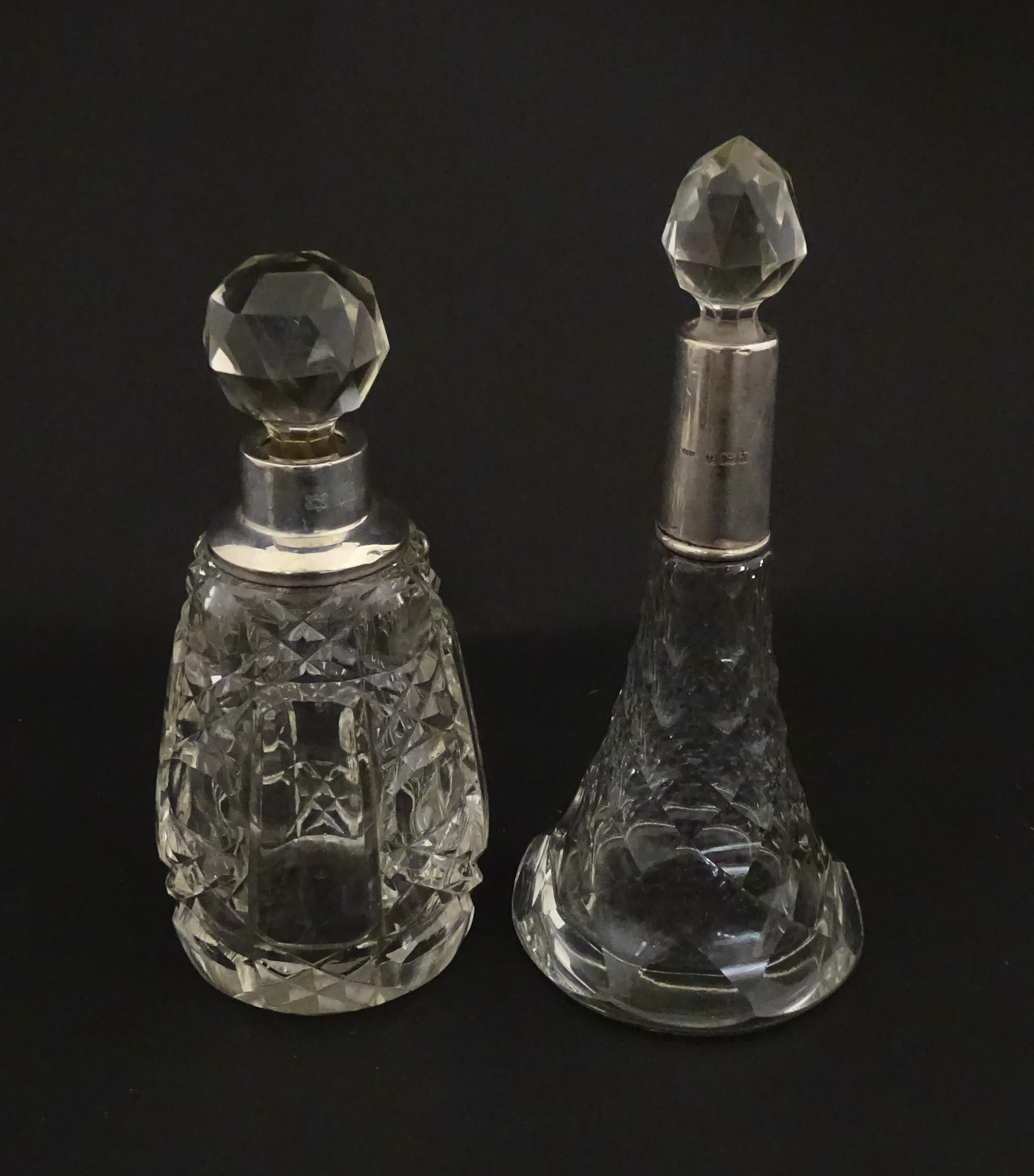 Two cut glass scent / perfume bottles with silver mounts, one hallmarked Birmingham 1921, maker A - Image 12 of 15