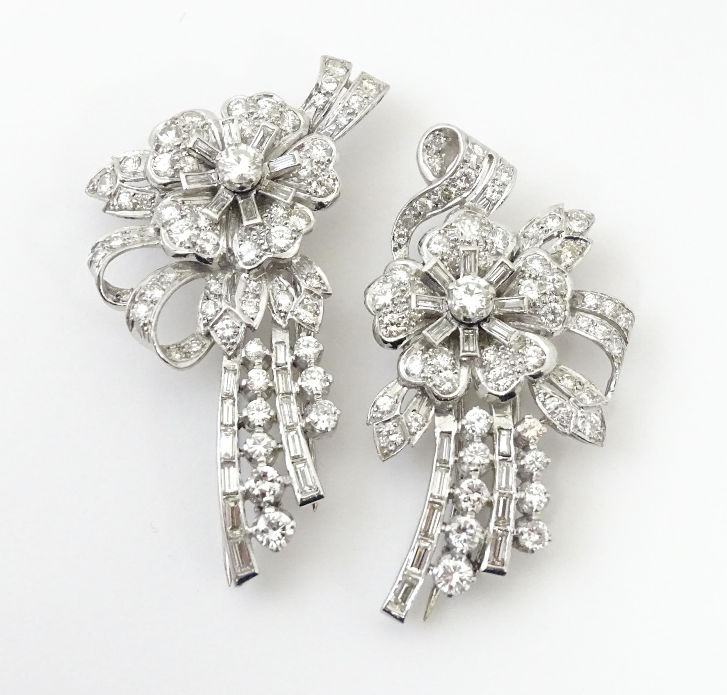 A diamond double clip brooch, the clips with flower and bow detail set with a profusion of - Image 10 of 11