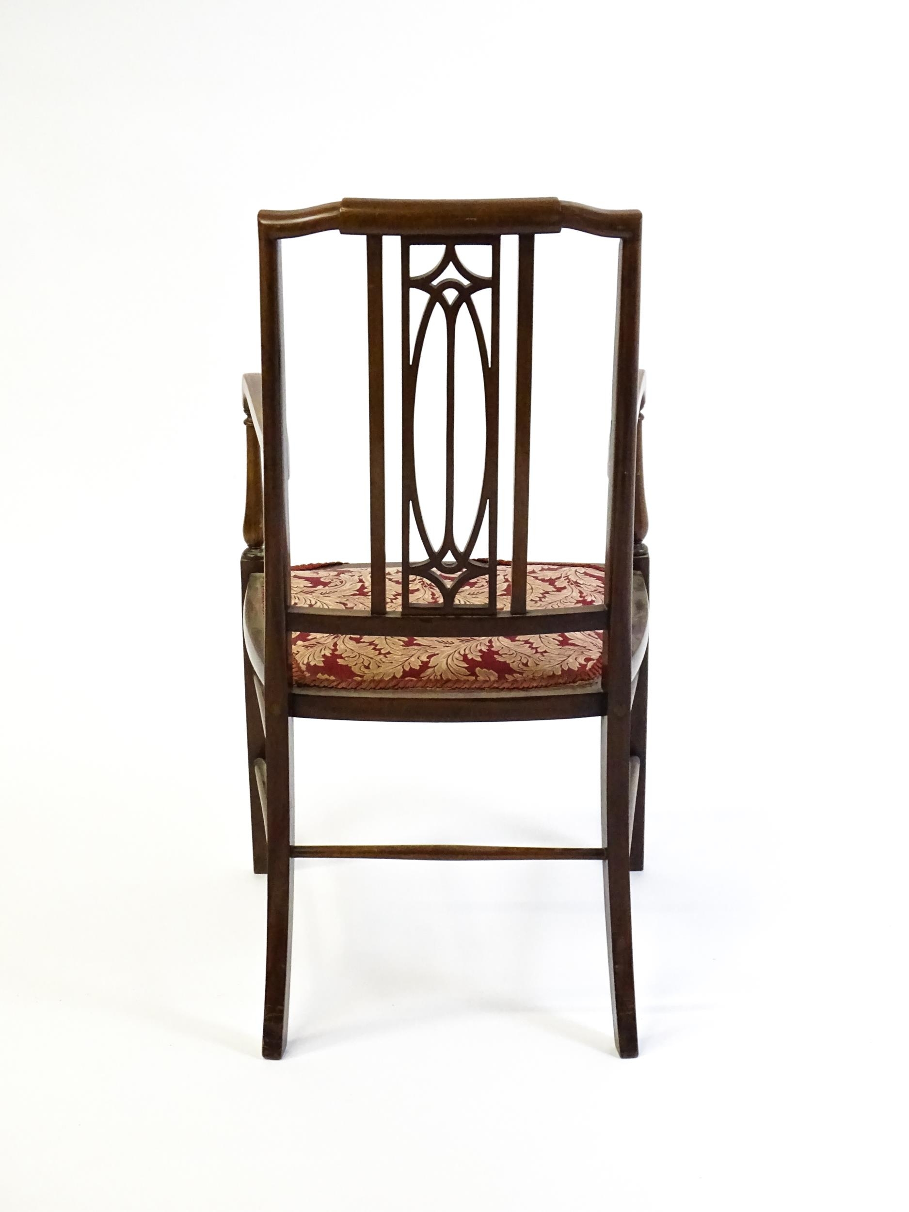 An Edwardian elbow chair with a burr walnut veneered top rail, a pierced back splat and swept arms - Image 2 of 5