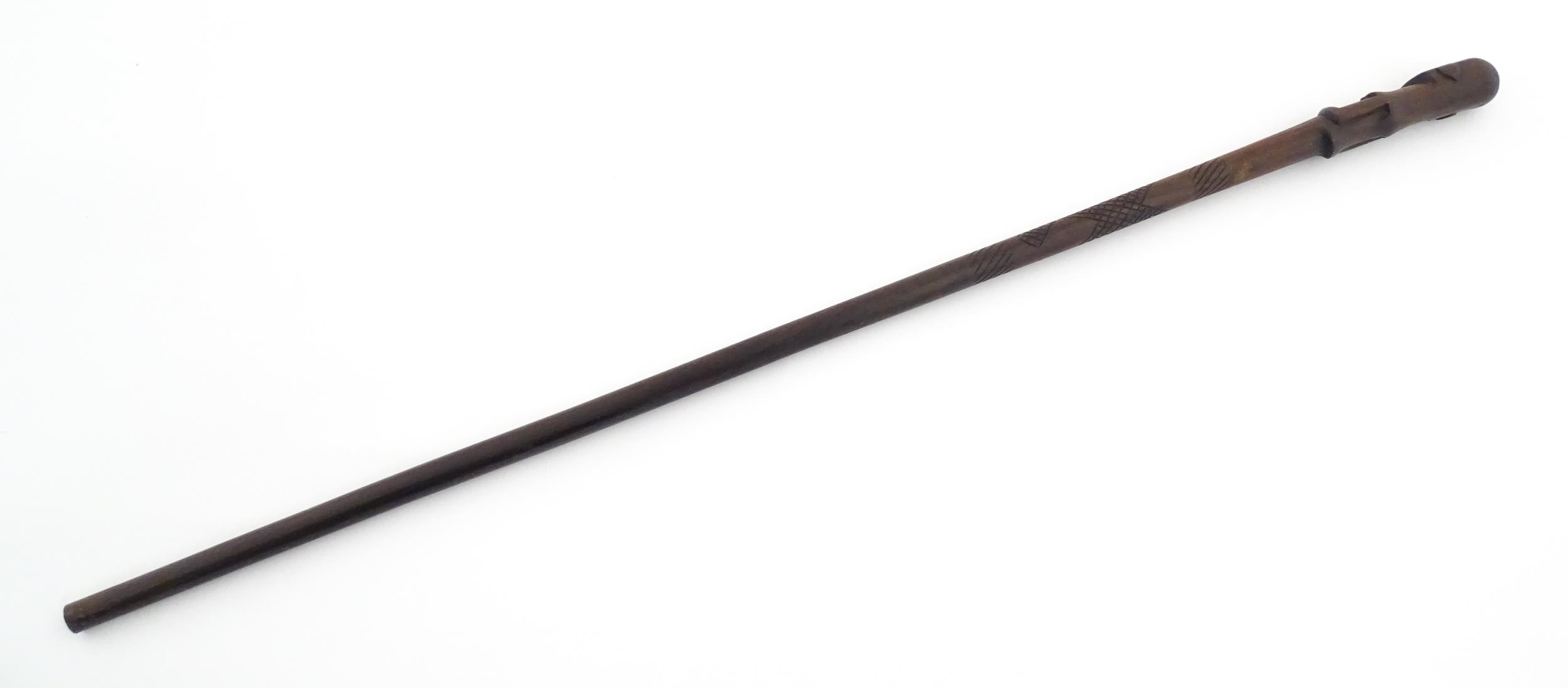 Ethnographic / Native / Tribal : An Australian Aboriginal hardwood walking stick / cane with cross - Image 3 of 7
