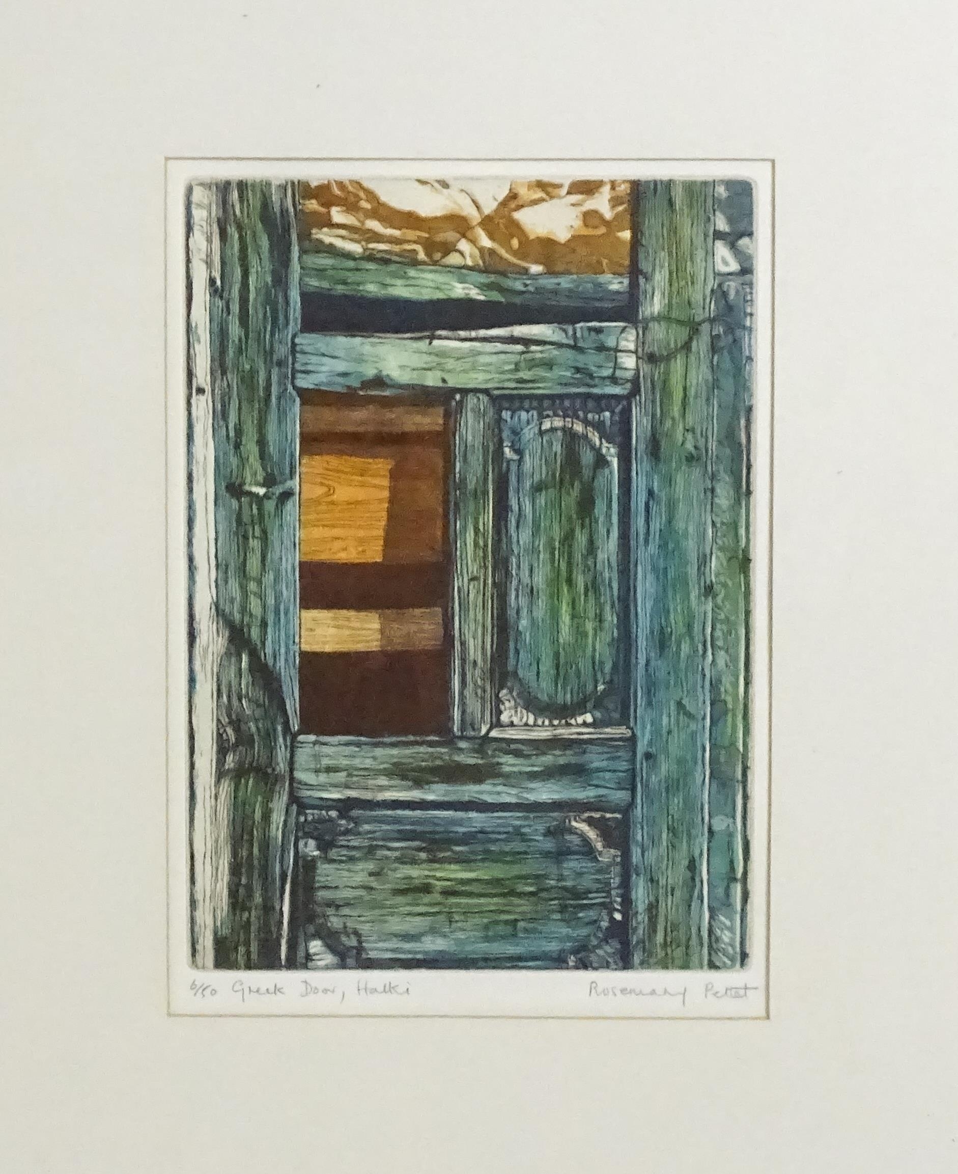 Rosemary Pettet, 20th century, Limited edition colour etching, Greek Door, Halki. Signed, titled and - Image 3 of 5