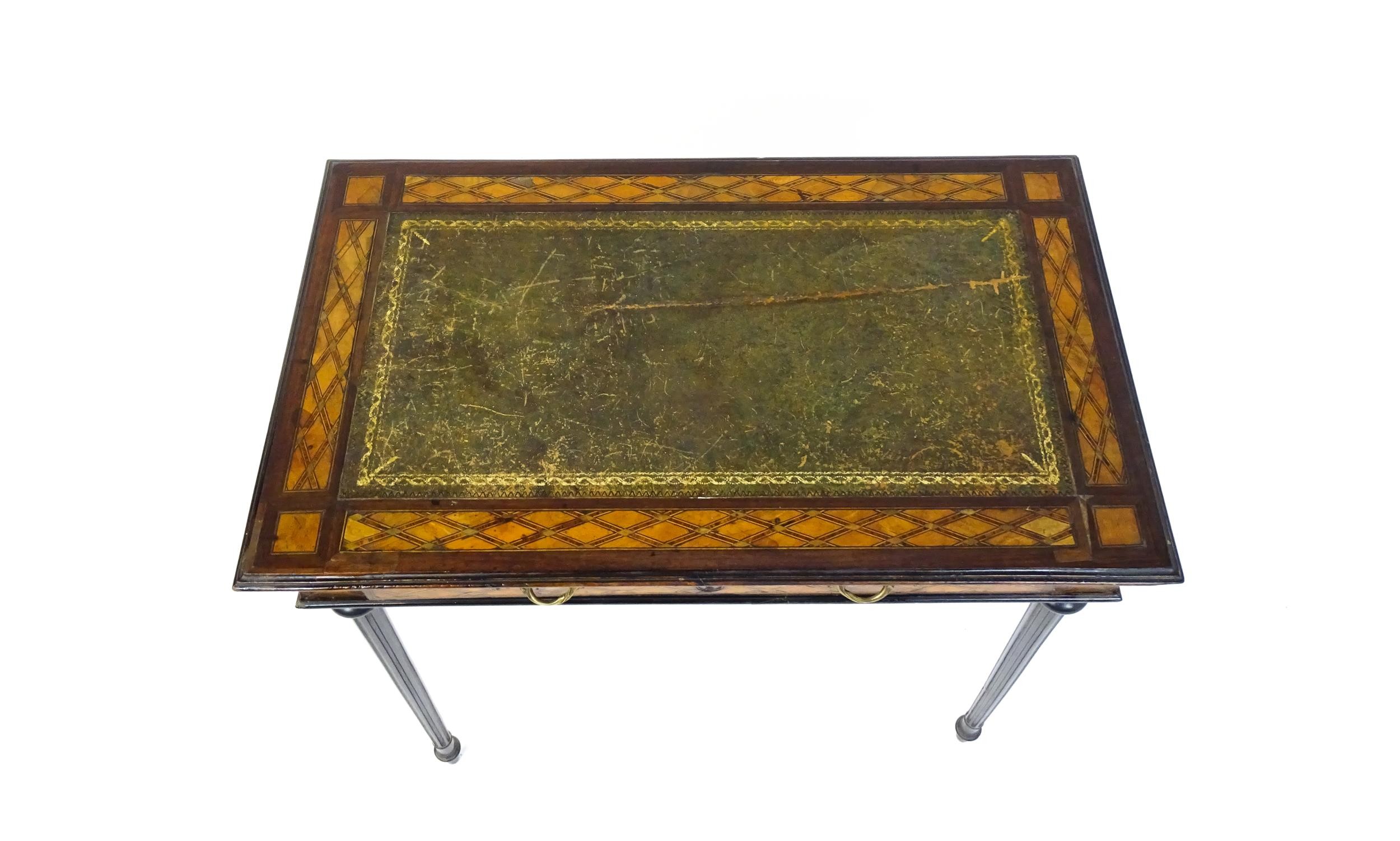 A 19thC side table with a satinwood inlaid top enclosing a gold tooled green leather top above a - Image 4 of 10