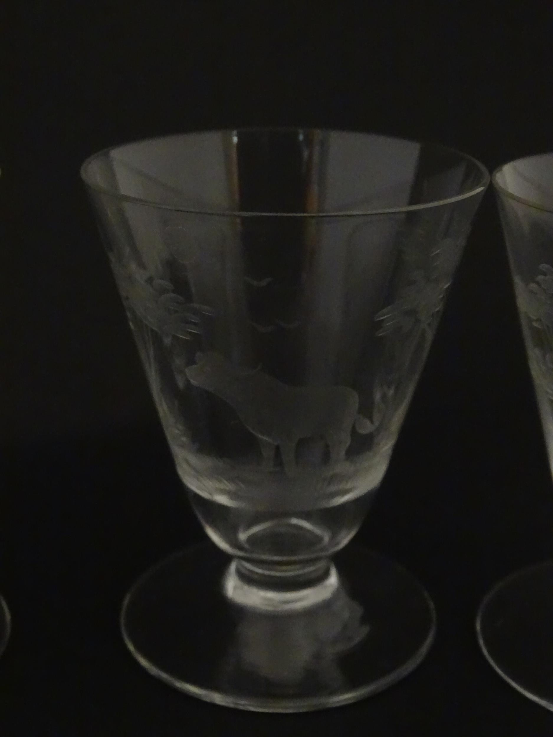 Rowland Ward sherry / liquor glasses with engraved Safari animal detail. Unsigned. Largest approx. - Image 7 of 26