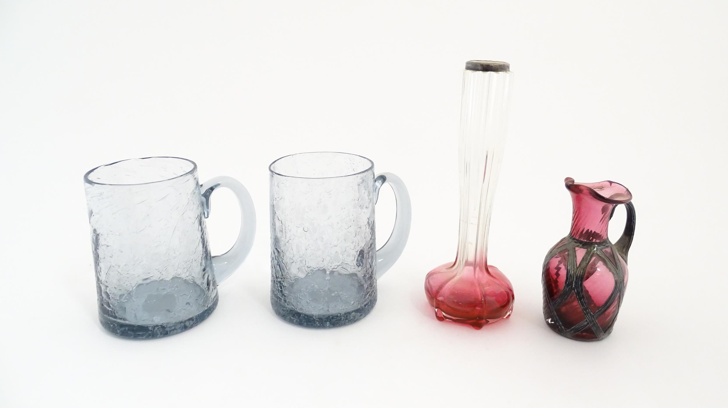 A pair of glass mugs / tankards together with an Art Nouveau cranberry to clear glass bud vase - Image 3 of 8