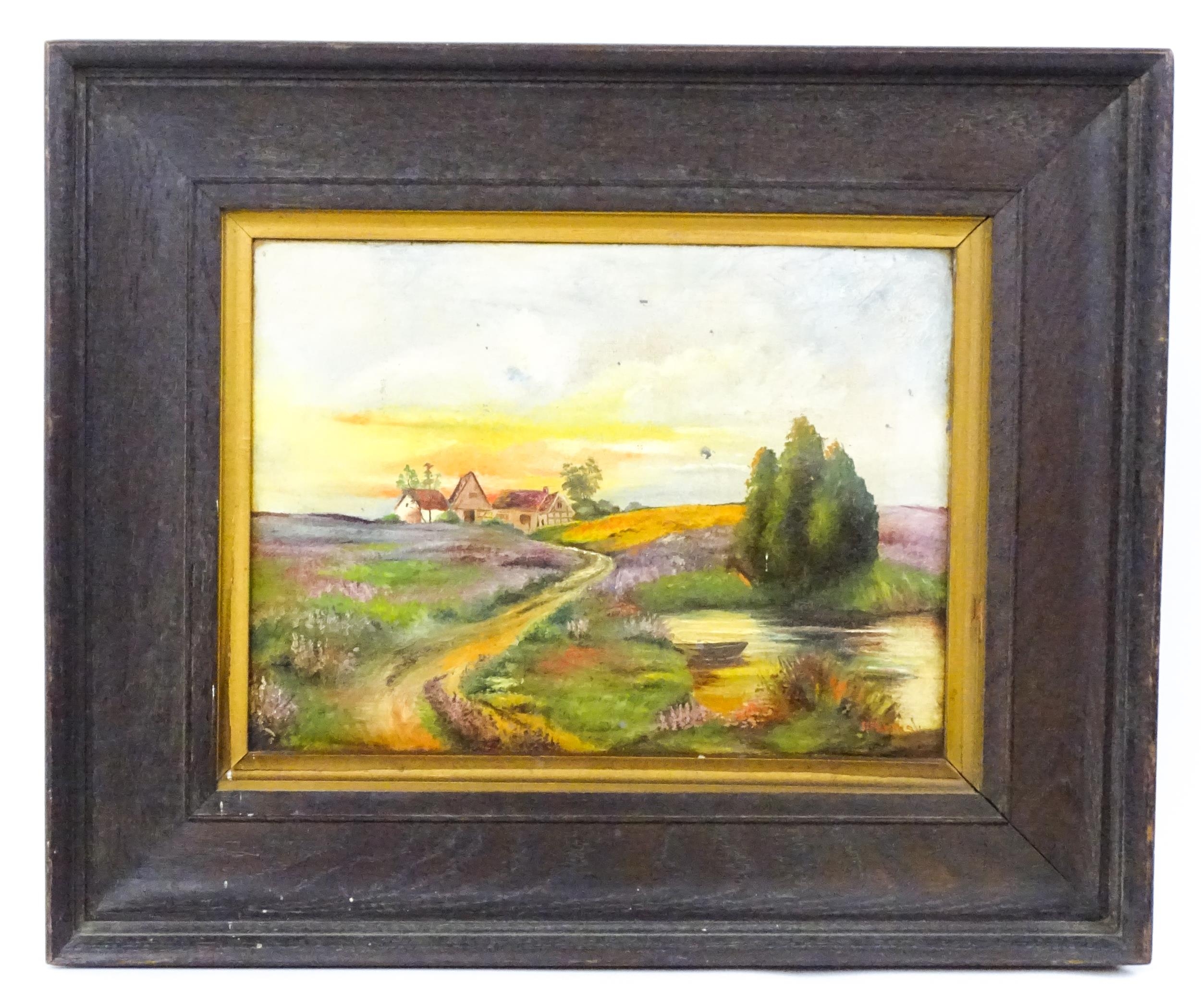 P. Franks, Early 20th century, Oil on canvas, A country landscape at sunset with cottages beyond.