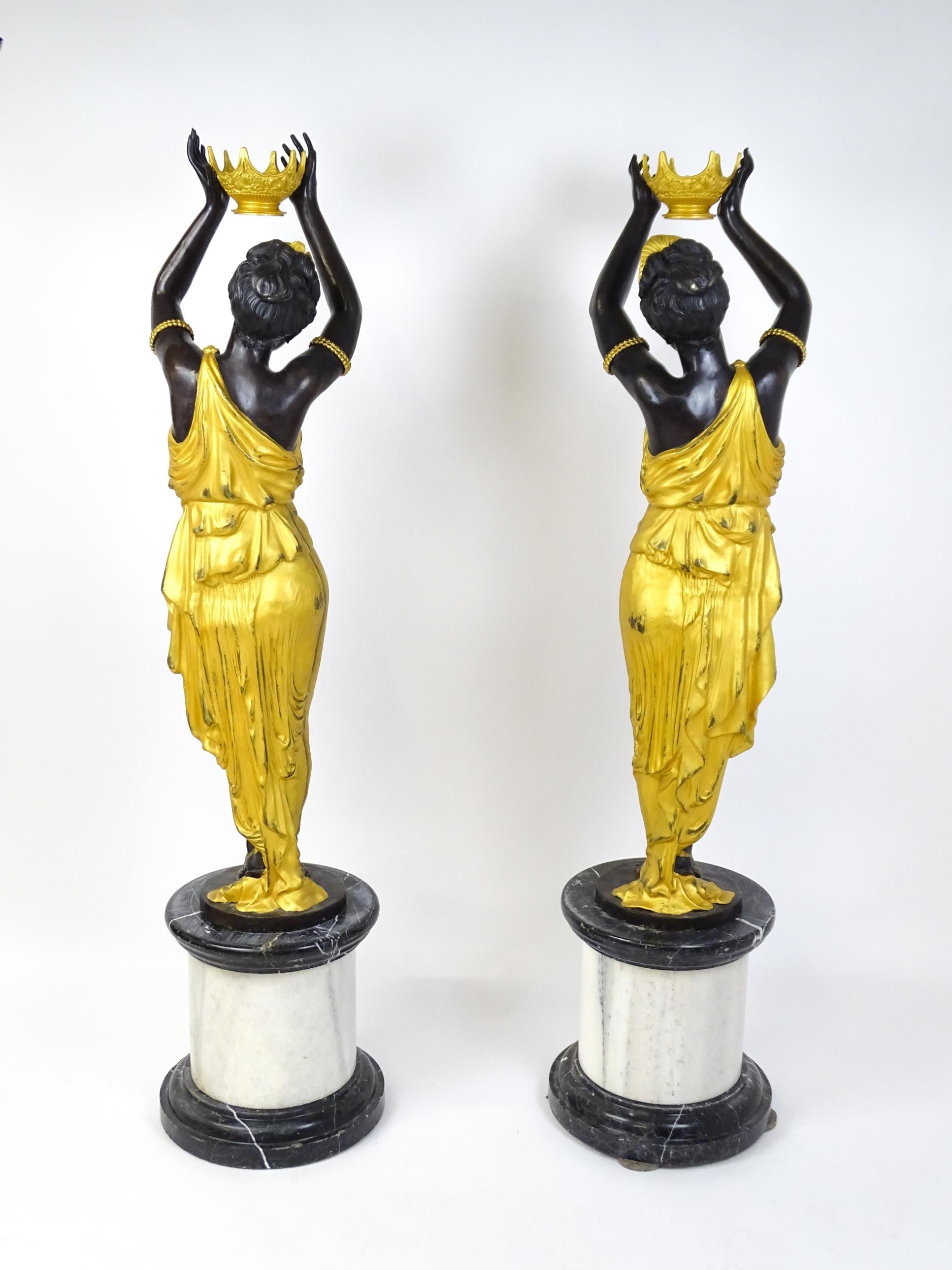 A pair of large cast bronze female blackamoor torcheres with gilt detail, raised on marble - Image 15 of 15