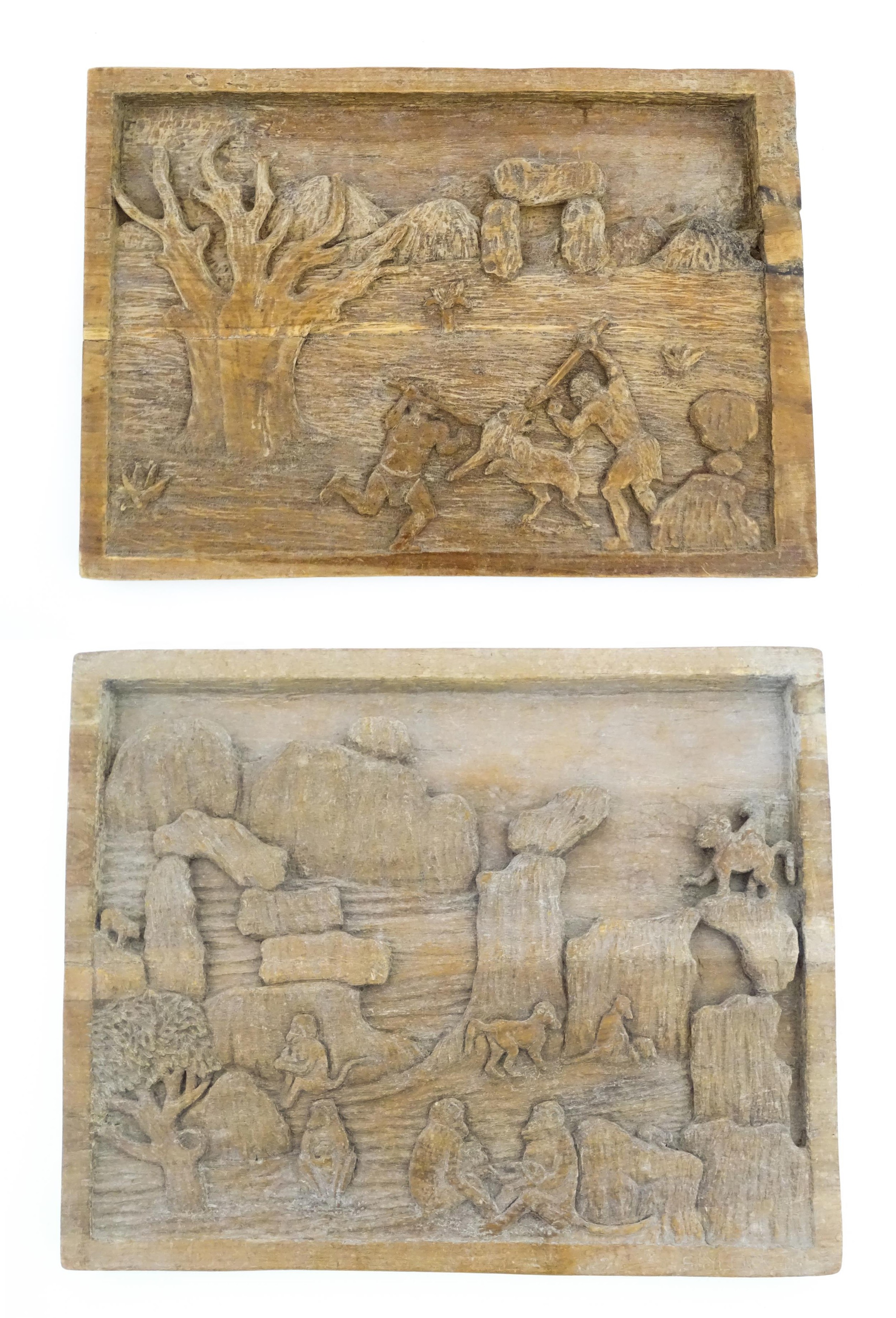 Ethnographic / Native / Tribal: Two carved wooden tableaux / plaques, one depicting monkeys in a