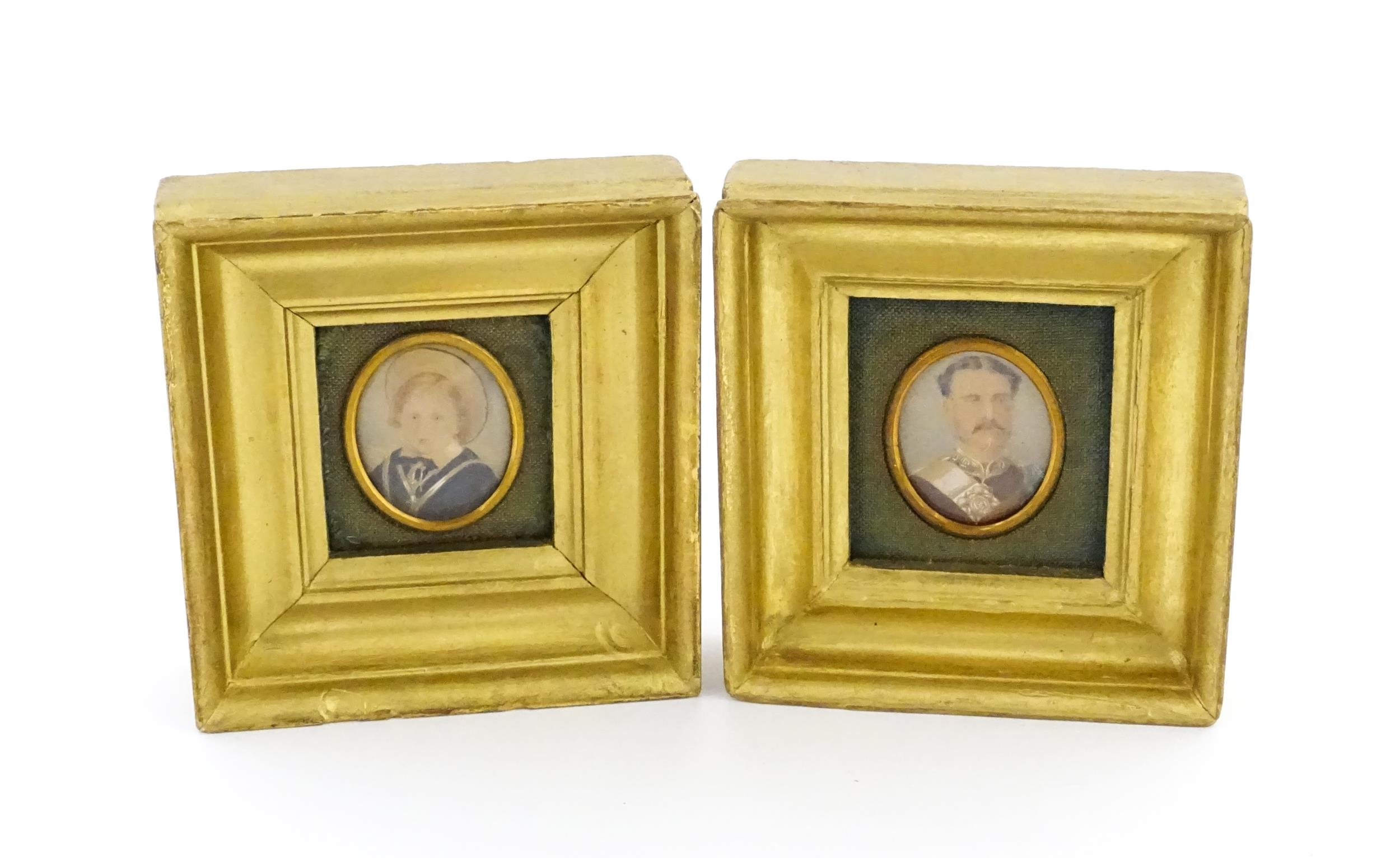Two 19thC watercolour portrait miniatures, one depicting a gentleman wearing military dress, the - Image 3 of 14
