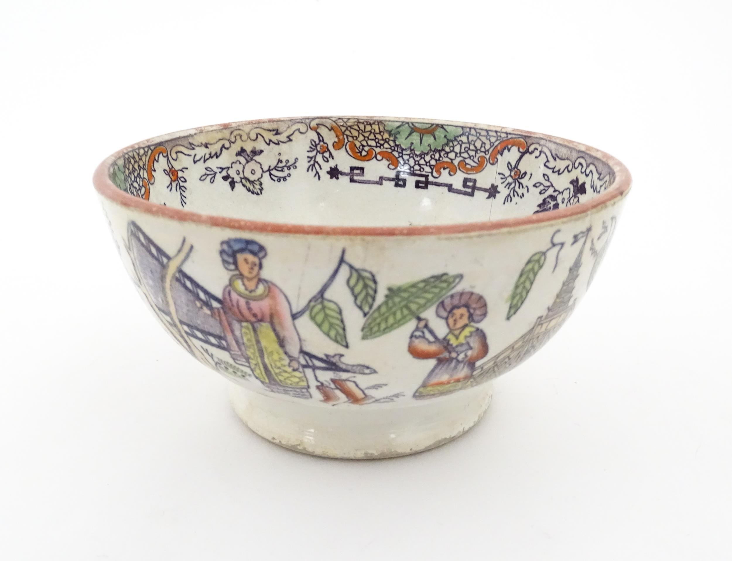 A Scottish bowl with Chinoiserie depicting figures in a landscape. Possibly Bell's Pottery. - Image 2 of 11