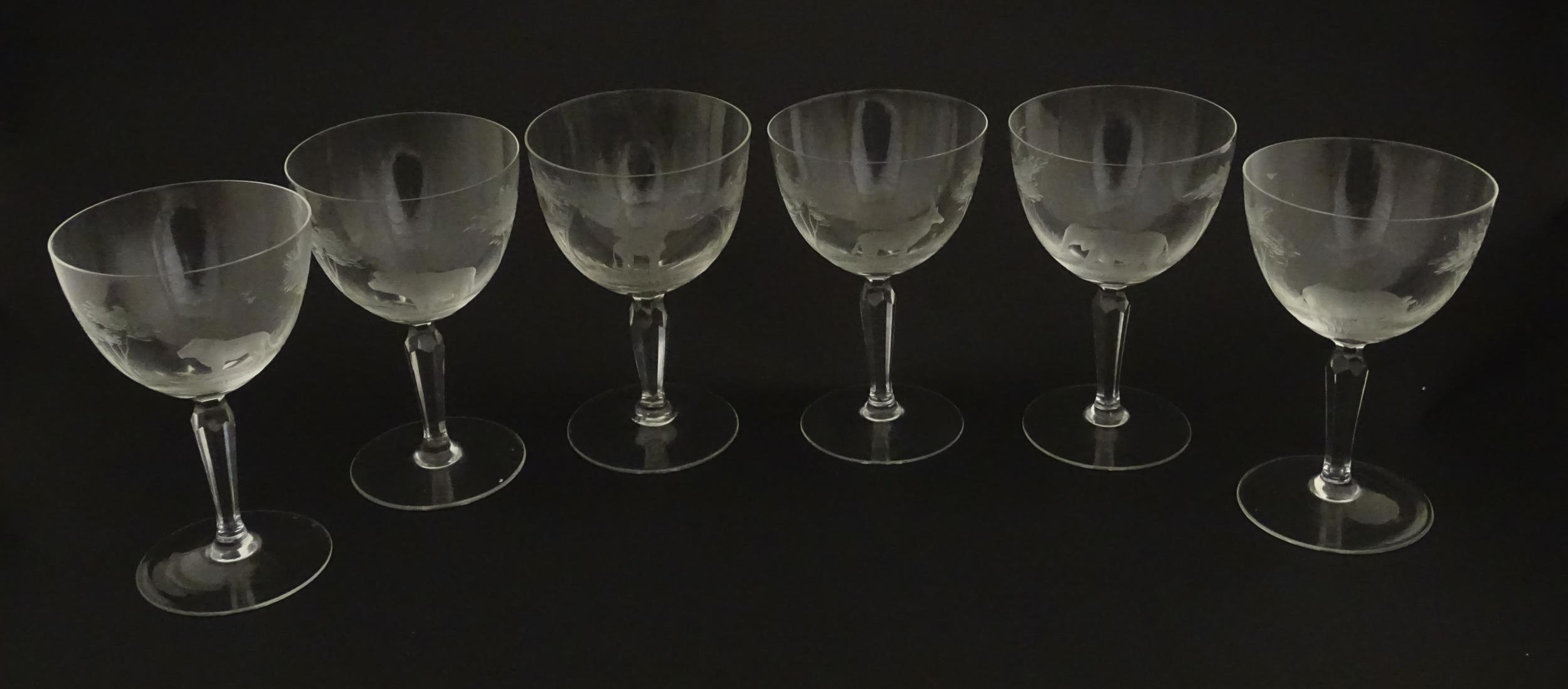 Six Rowland Ward wine glasses with engraved Safari animal detail. Unsigned. Approx. 5 1/2" high ( - Image 3 of 15