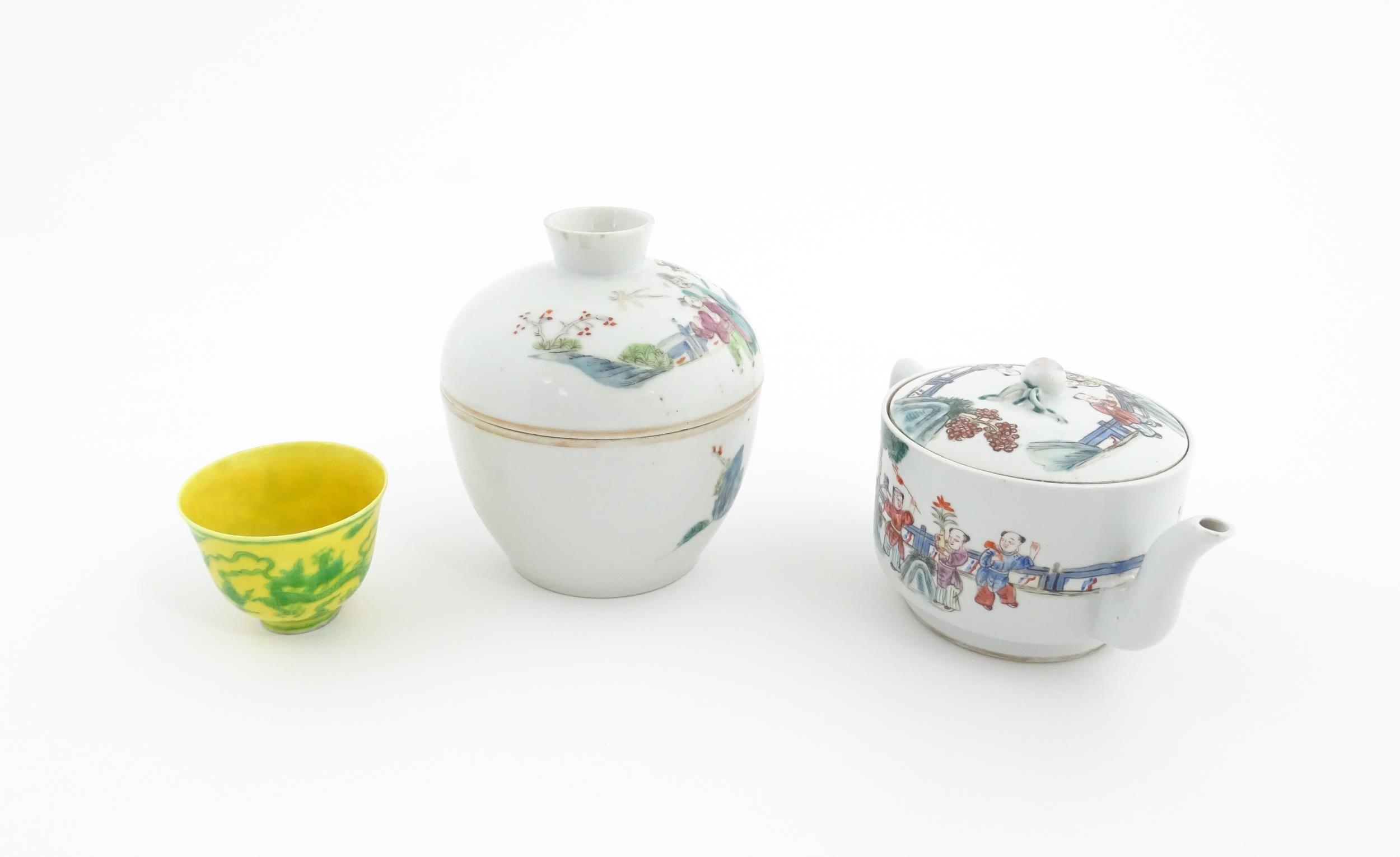 Three Chinese items comprising a famille rose pot and cover decorated with figures, a teapot - Image 6 of 14