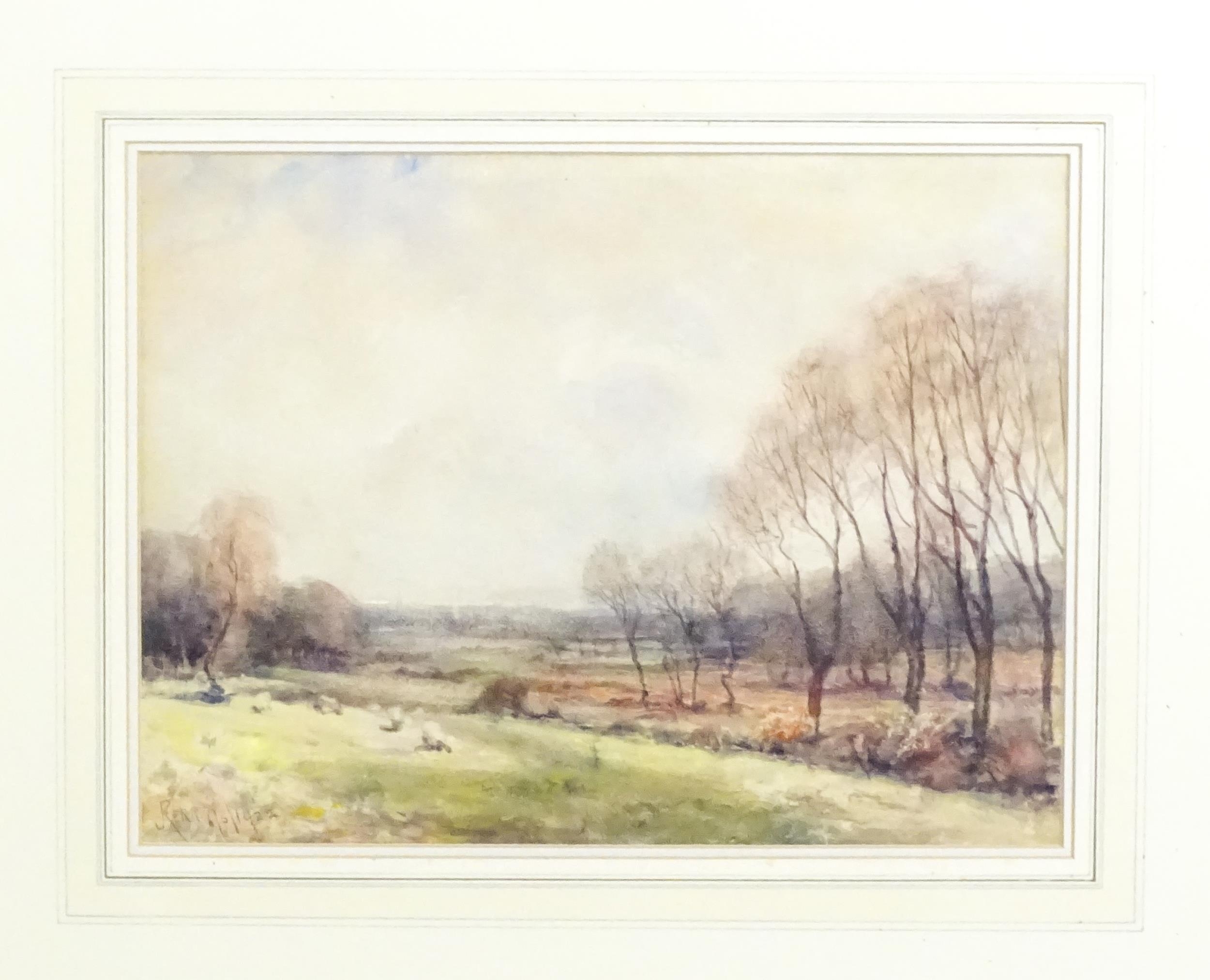 Frederick James Kerr (1853-1936), Watercolour, Sheep grazing in a Welsh landscape near the coast. - Image 3 of 4