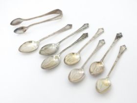 Seven early 20thC teaspoons, together with sugar tongs, assorted dates, maker Lee & Wigfull.