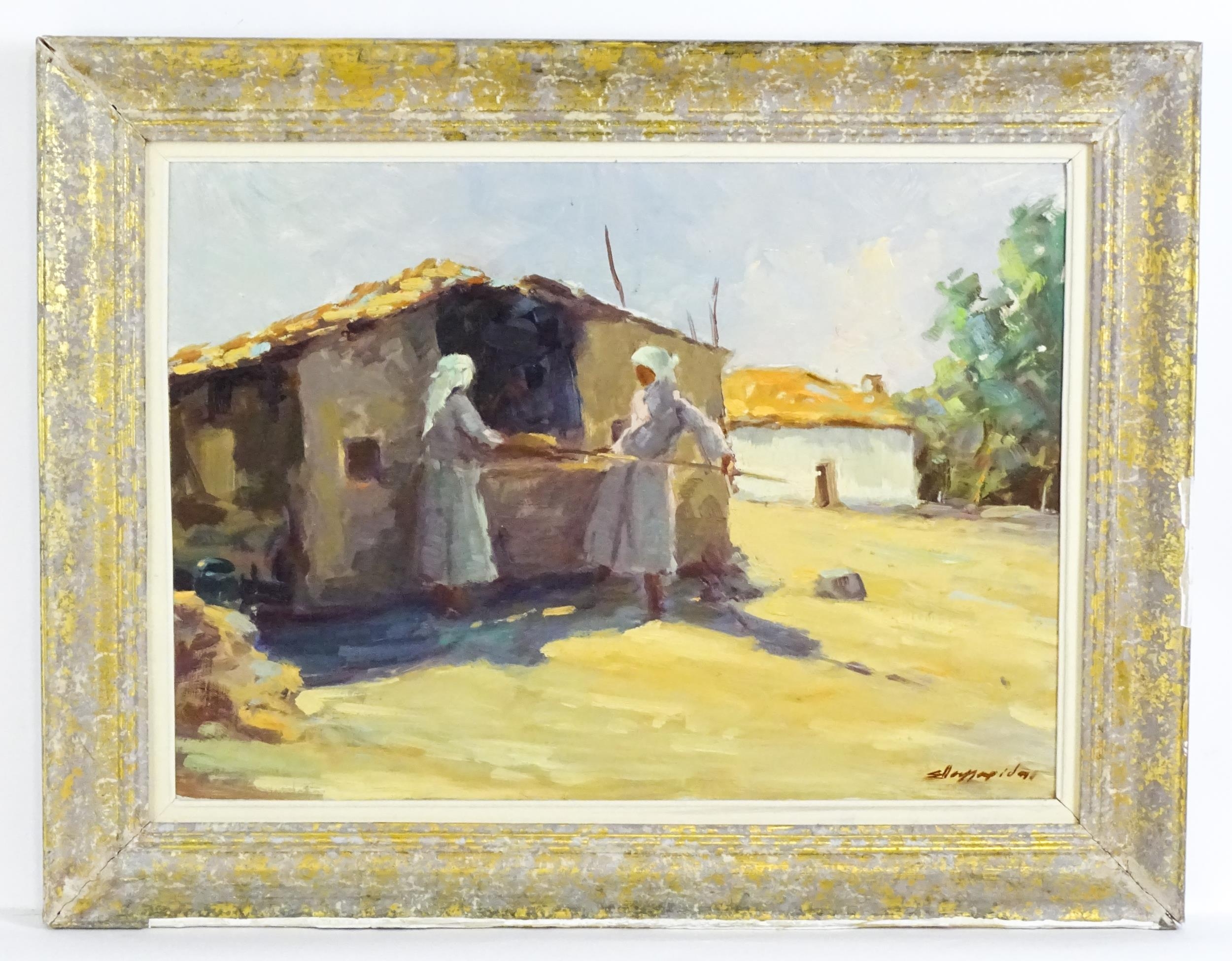 20th century, Oil on board, An Eastern European street scene with two women baking bread. Possibly