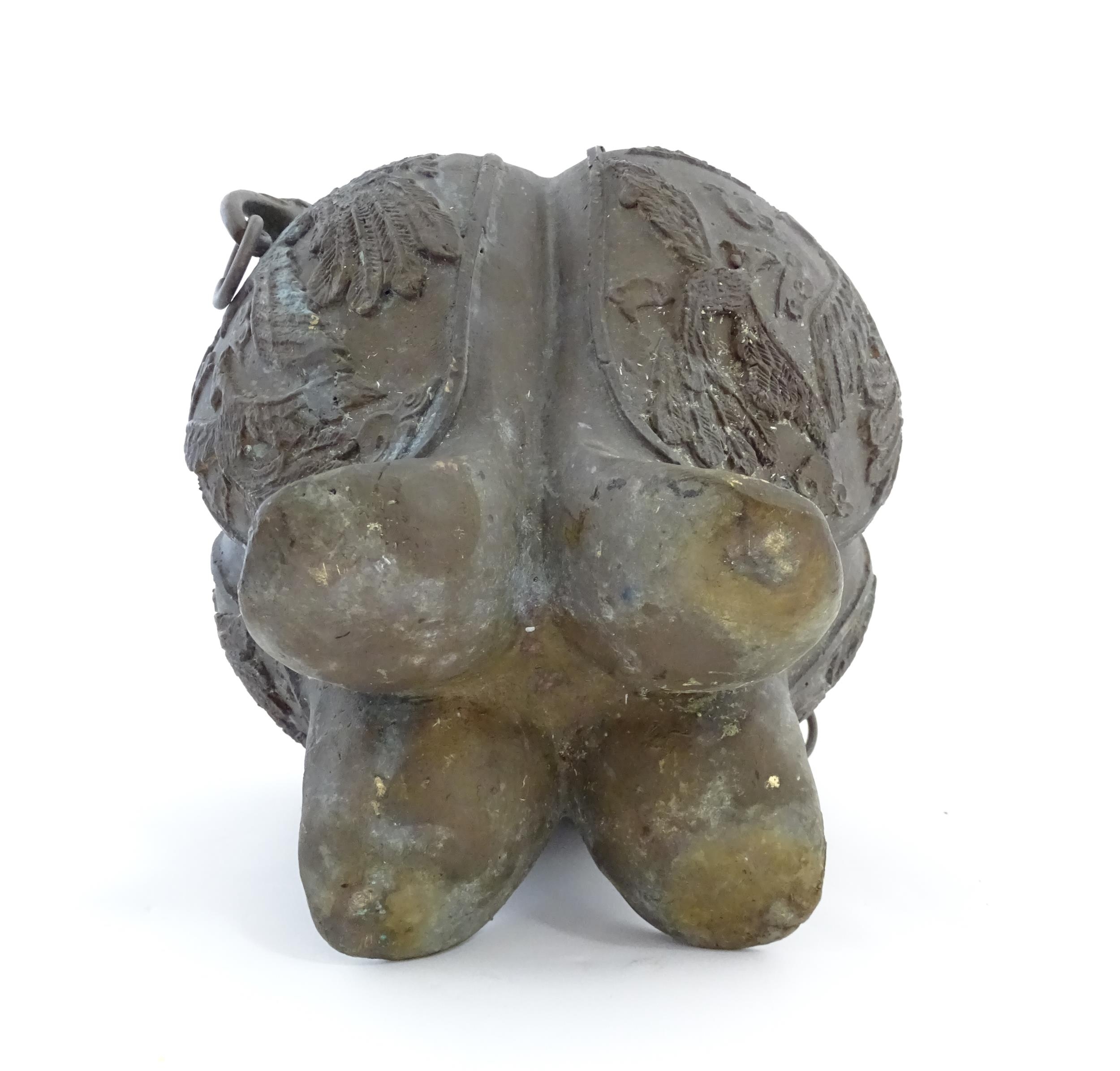 A Chinese cast vessel of lobed form with twin ring handles modelled as elephant heads, the body - Image 2 of 9