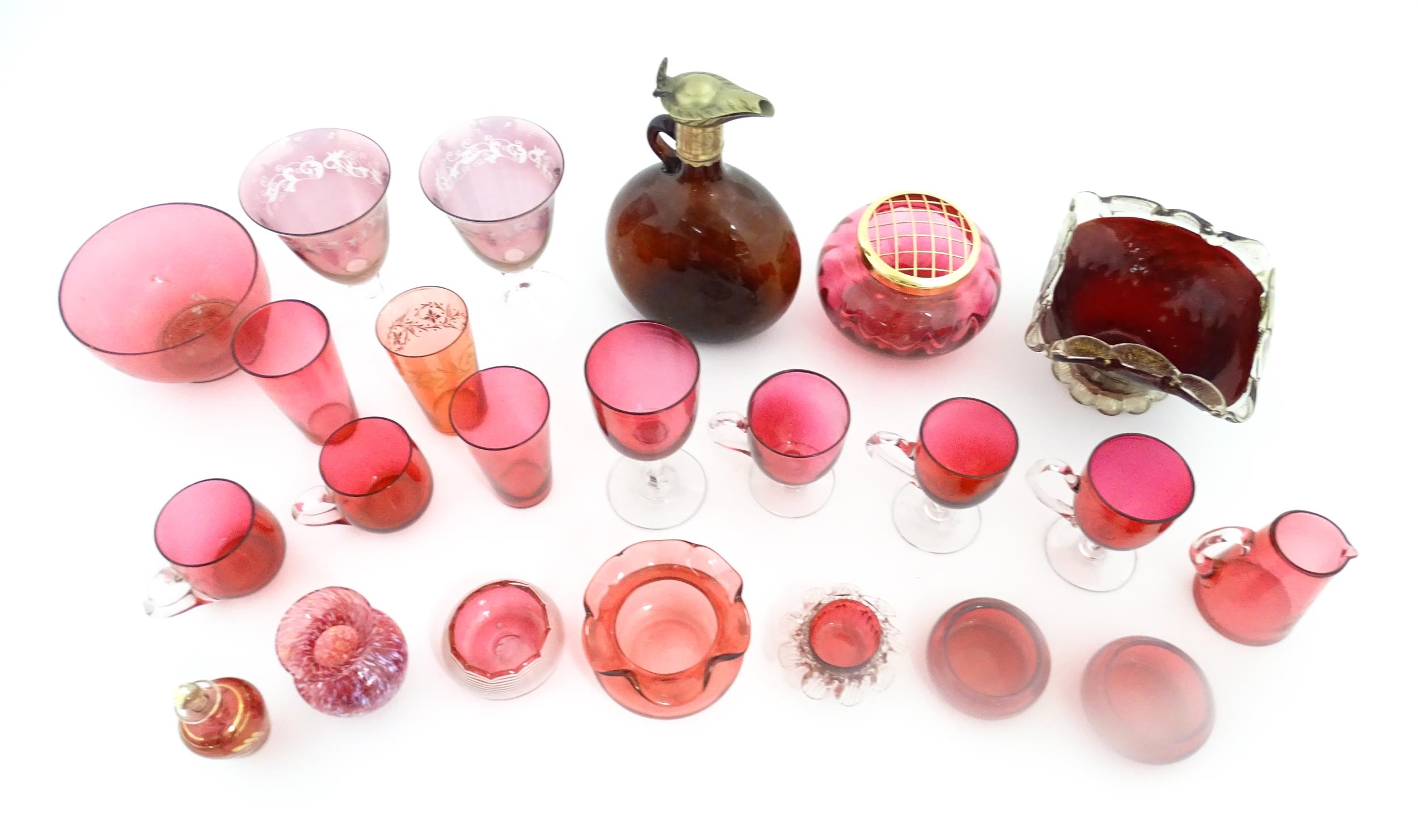 A quantity of Victorian and later assorted glassware to include cranberry glass beakers, drinking - Image 11 of 14