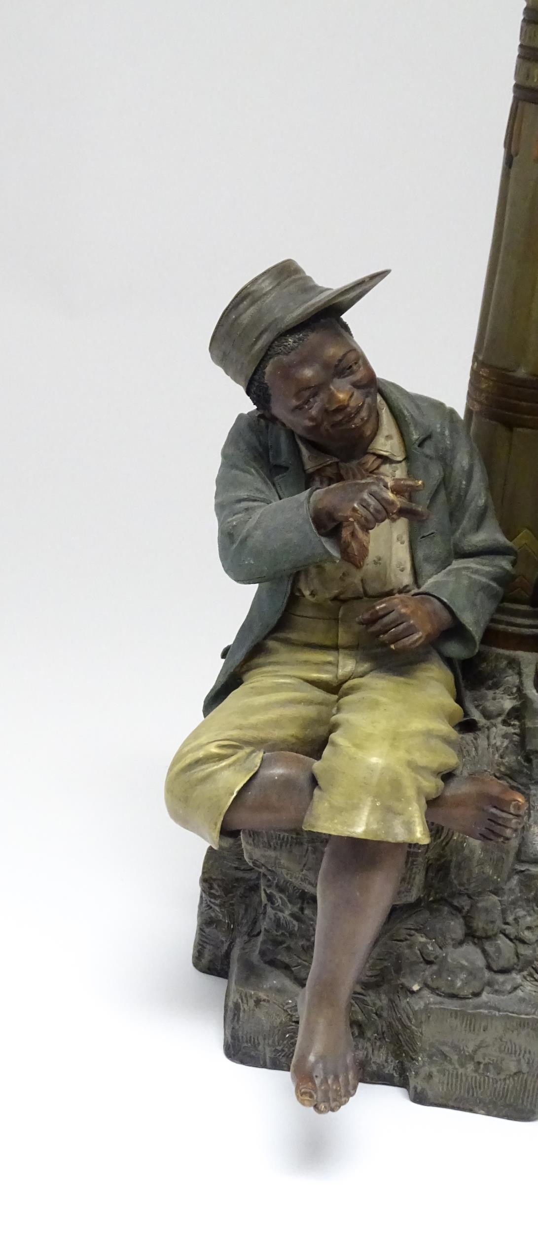 A late 19thC terracotta figure of a boy with decorative columns, having polychrome decoration, by - Image 5 of 11