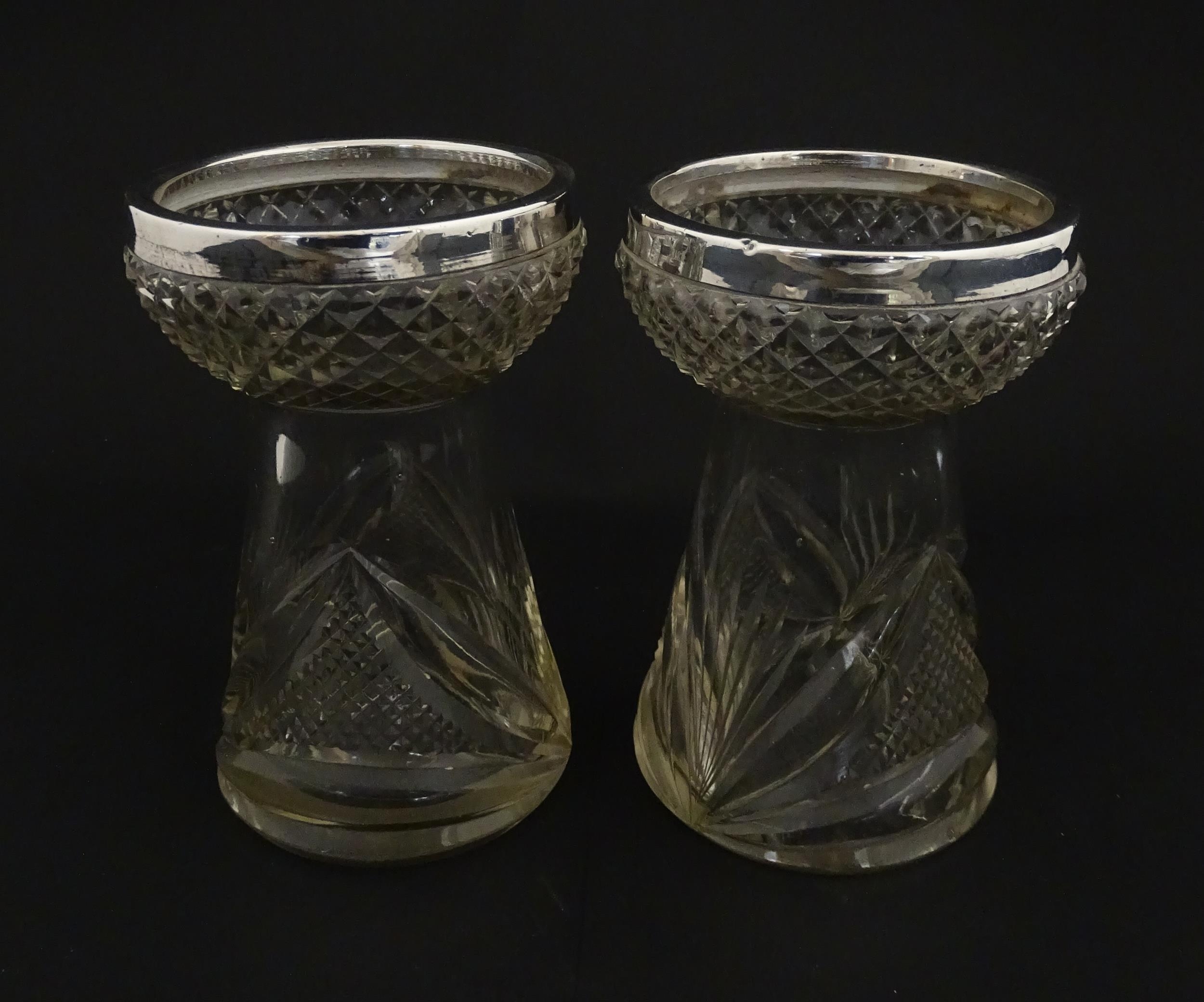 A pair of cut glass vases with silver rims in the style of hyacinth vases, hallmarked Birmingham - Image 4 of 10