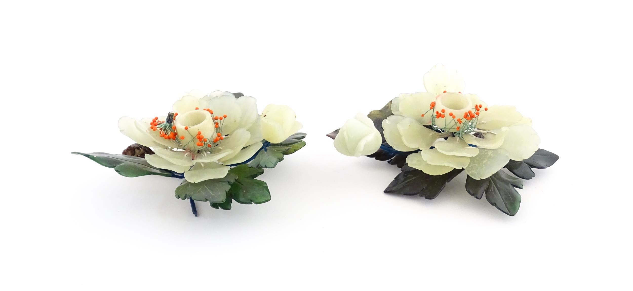 Two Chinese hardstone flower groups with bead detail. Together with a hardstone model of a bunch - Image 7 of 15